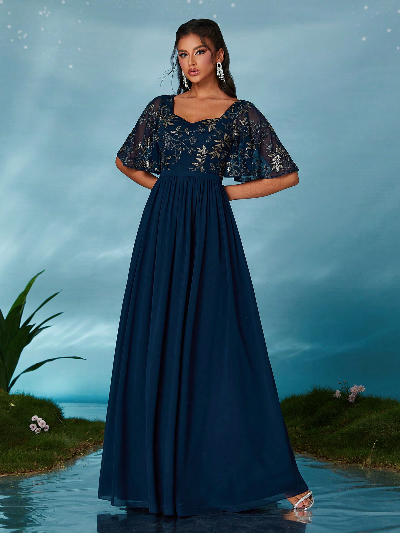 Leely Elegant Sweetheart Flounce Sleeve Party Dress