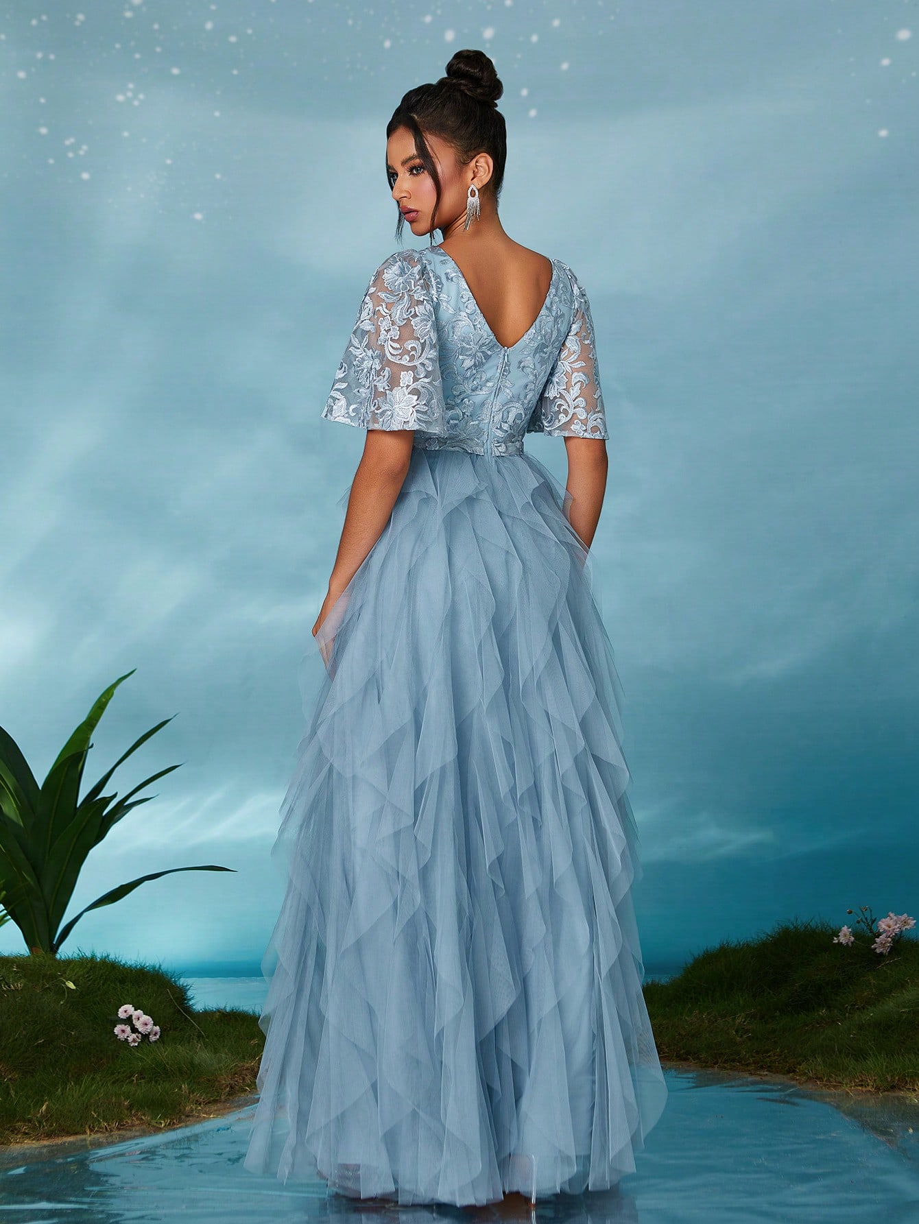 Leely Elegant Round Neck Flounce Sleeve Party Dress