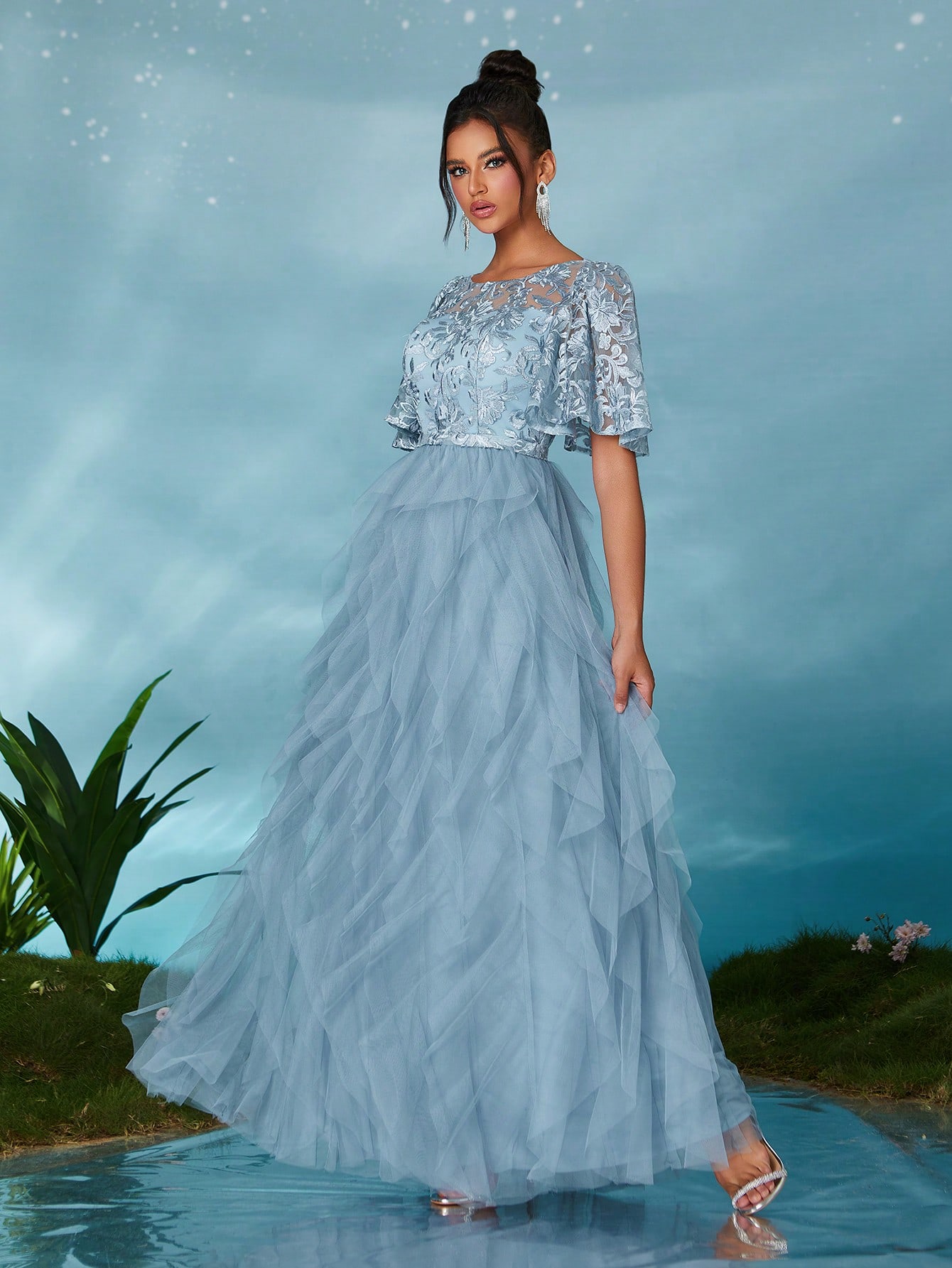 Leely Elegant Round Neck Flounce Sleeve Party Dress