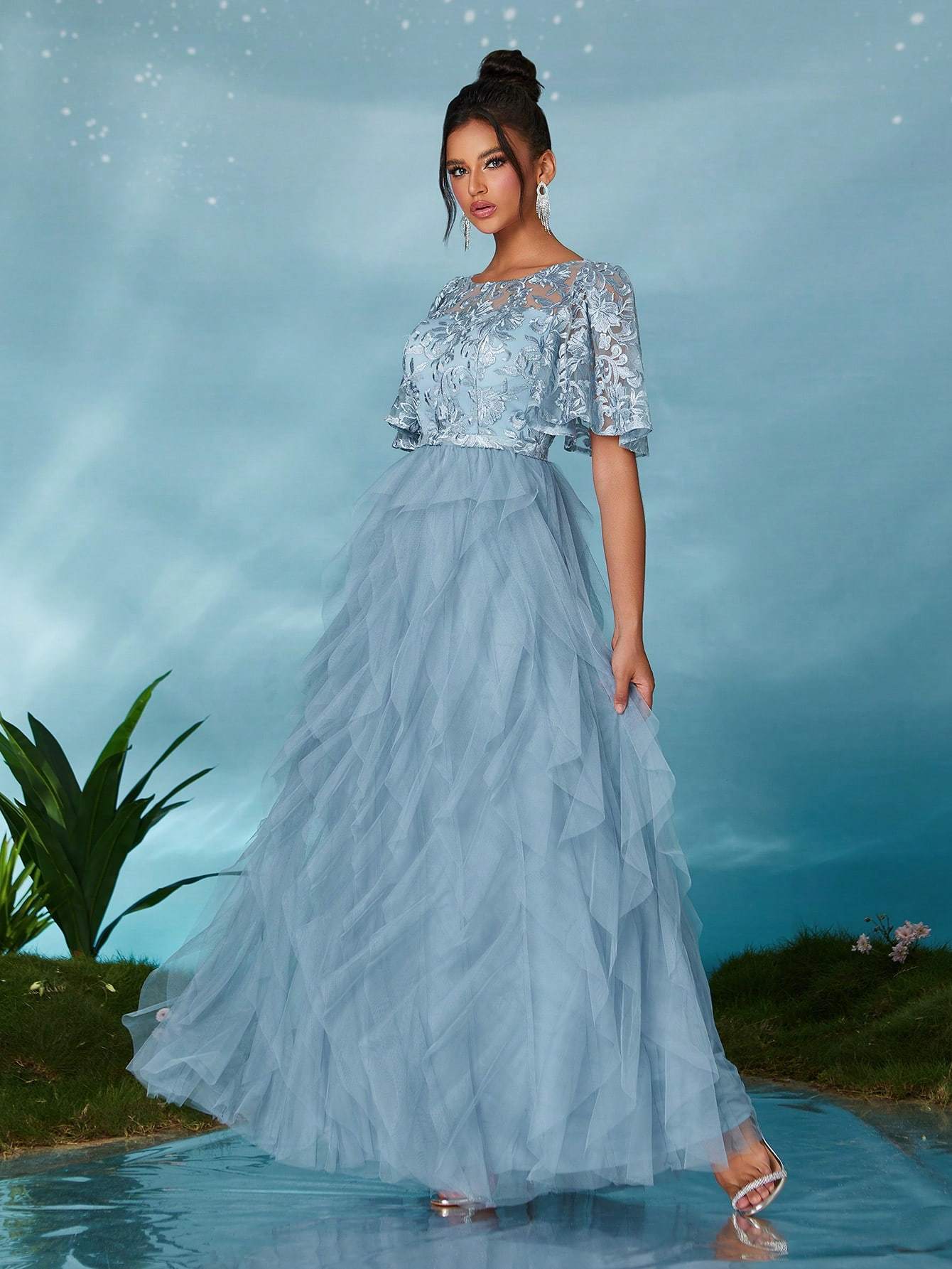Leely Elegant Round Neck Flounce Sleeve Party Dress