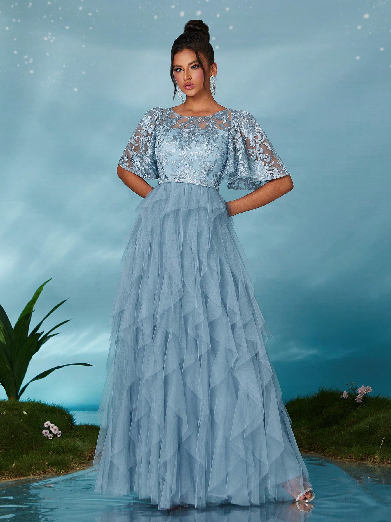 Leely Elegant Round Neck Flounce Sleeve Party Dress