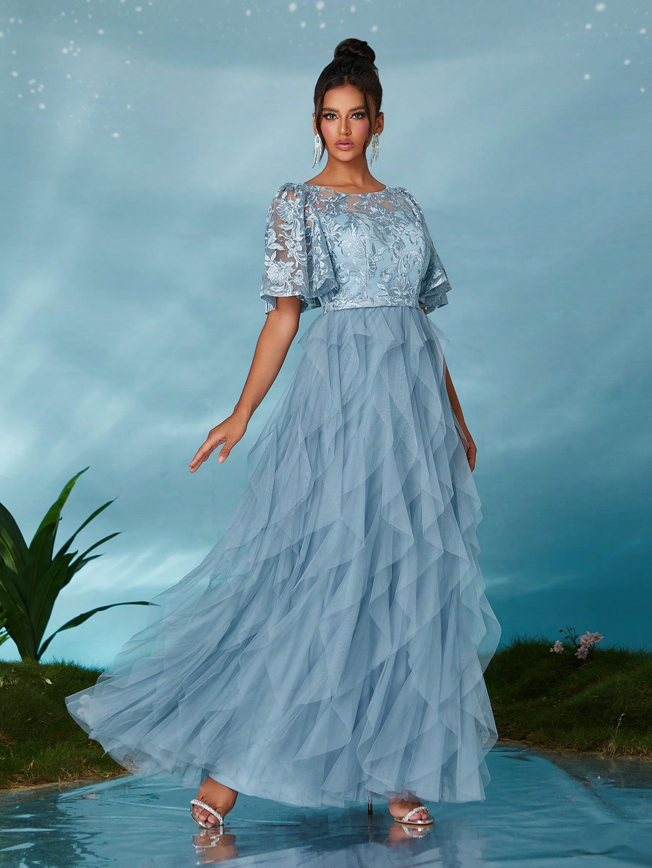 Leely Elegant Round Neck Flounce Sleeve Party Dress