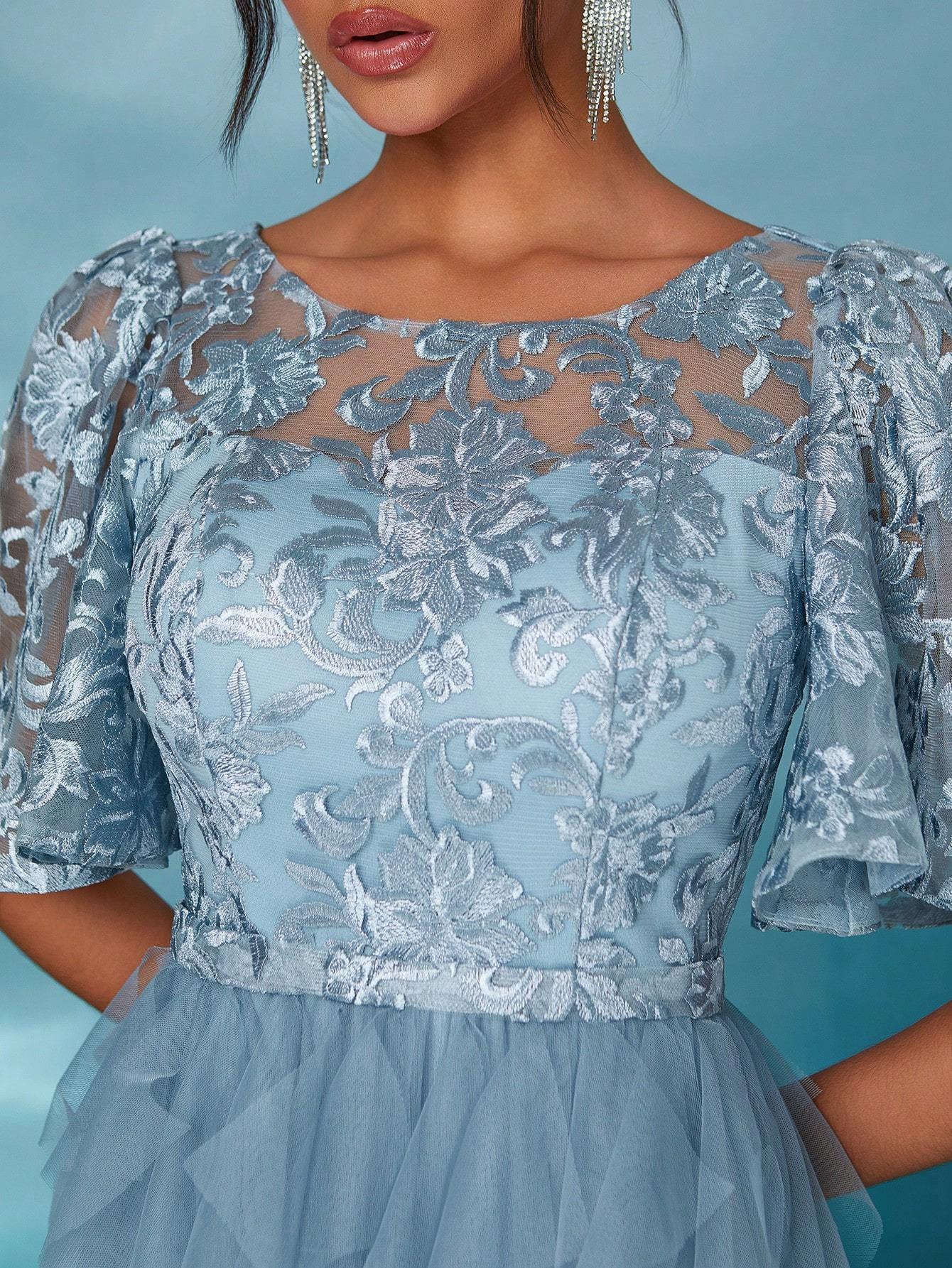 Leely Elegant Round Neck Flounce Sleeve Party Dress