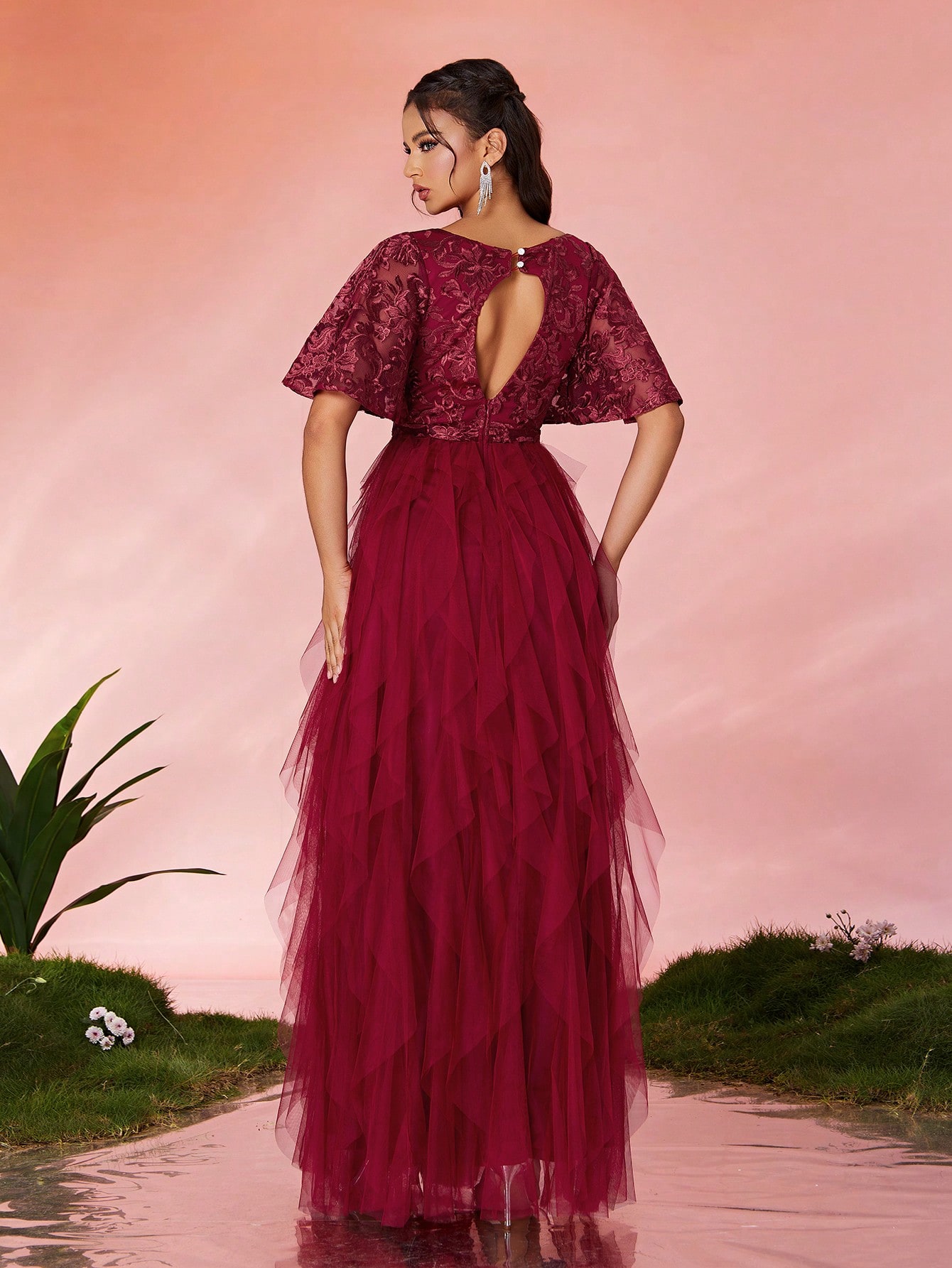 Leely Elegant V Neck Flounce Sleeve Party Dress