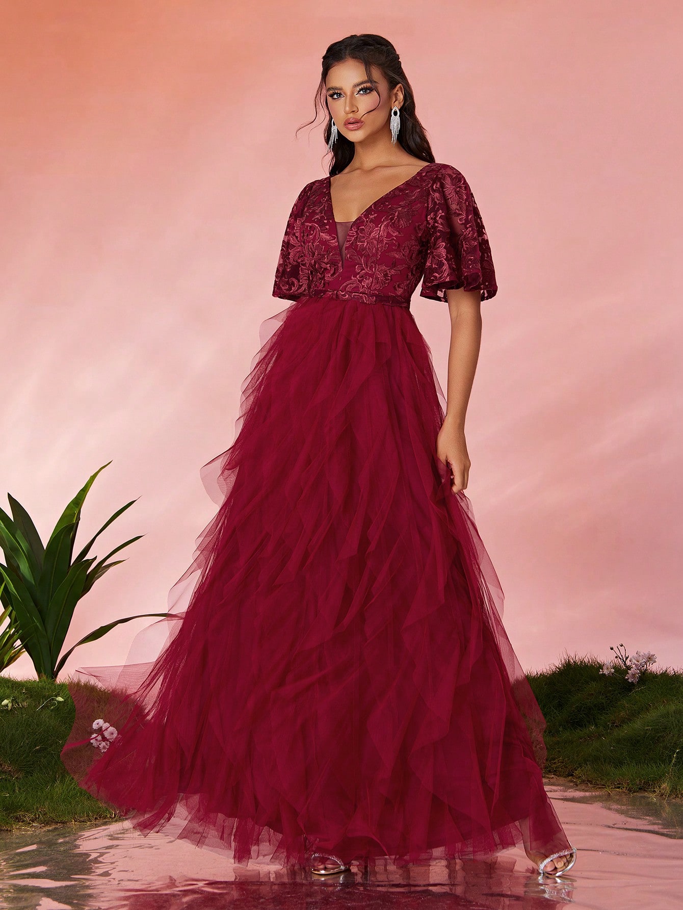 Leely Elegant V Neck Flounce Sleeve Party Dress