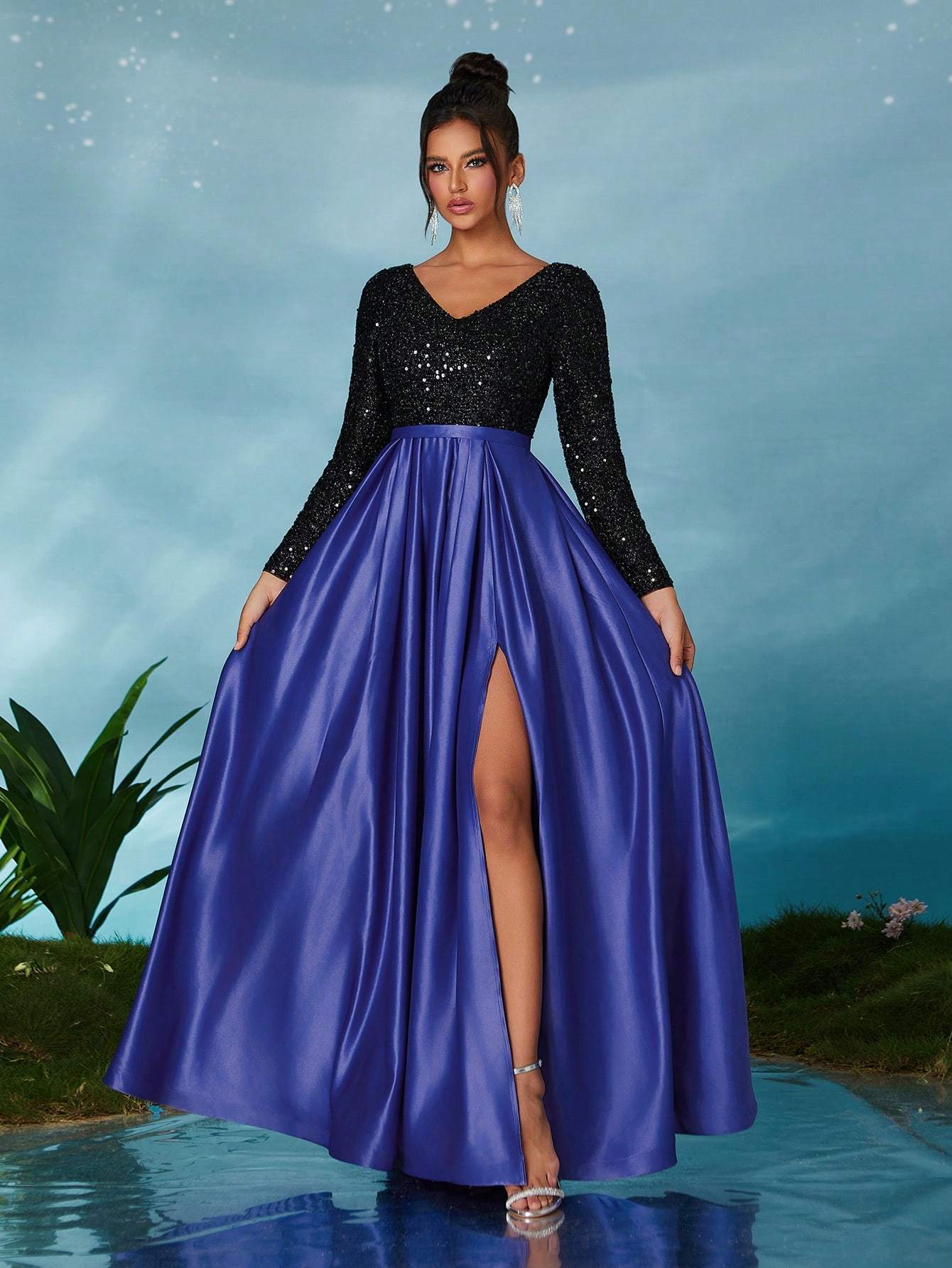 Leely Elegant V Neck Long Sleeve Prom Dress