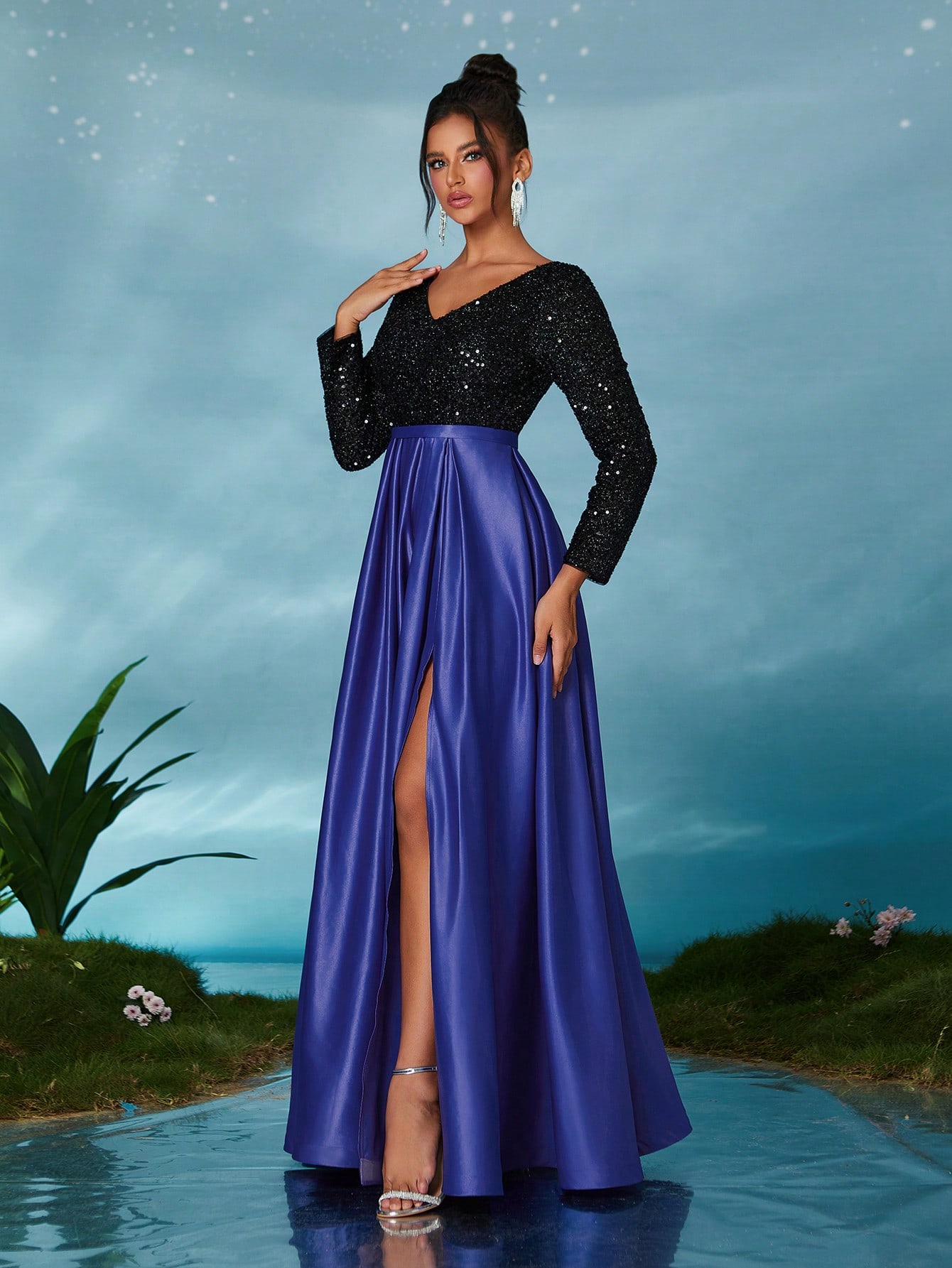 Leely Elegant V Neck Long Sleeve Prom Dress