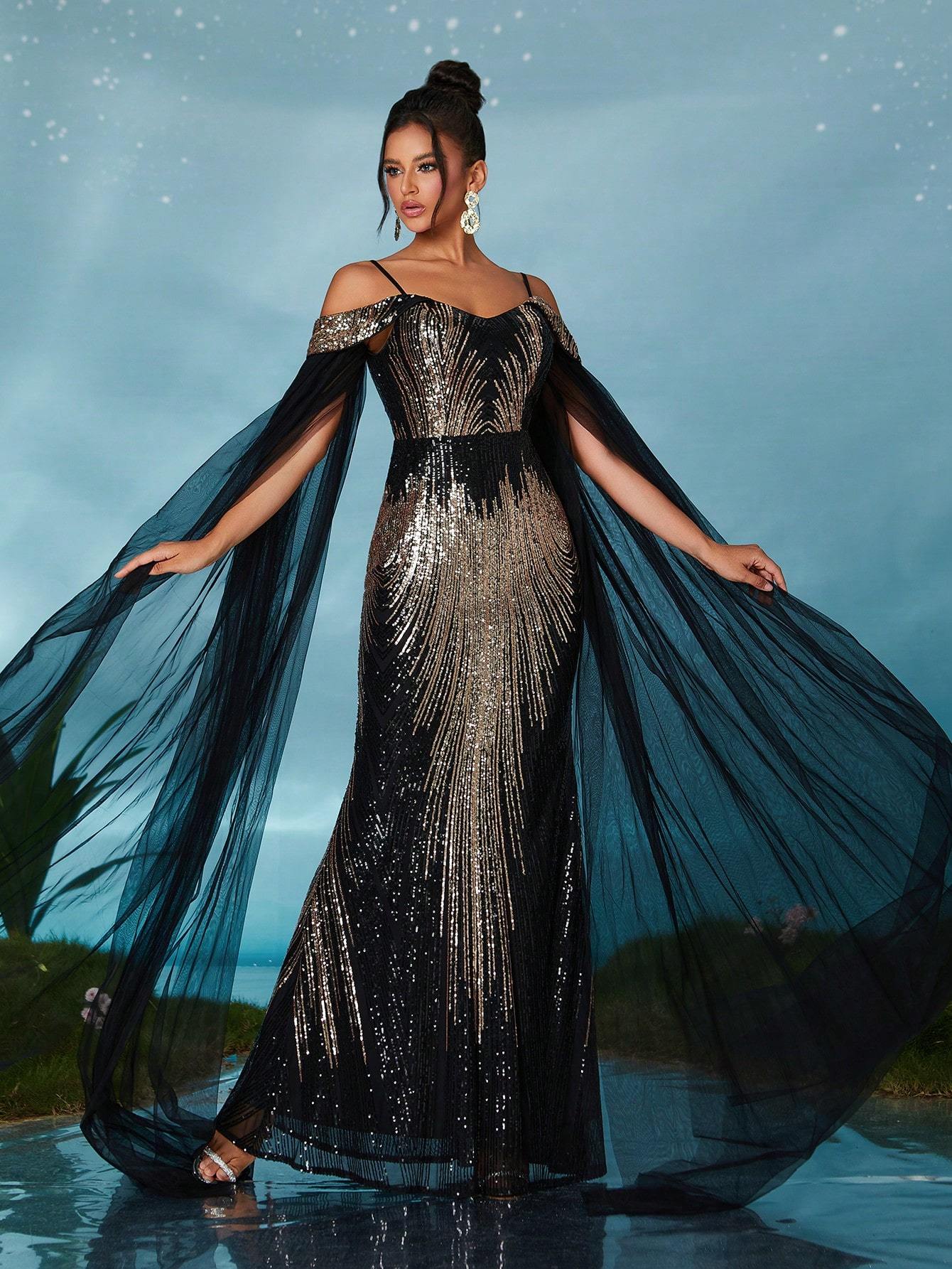 Leely Elegant Spaghetti Straps Cold Shoulder Prom Dress