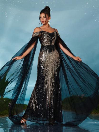 Leely Elegant Spaghetti Straps Cold Shoulder Prom Dress