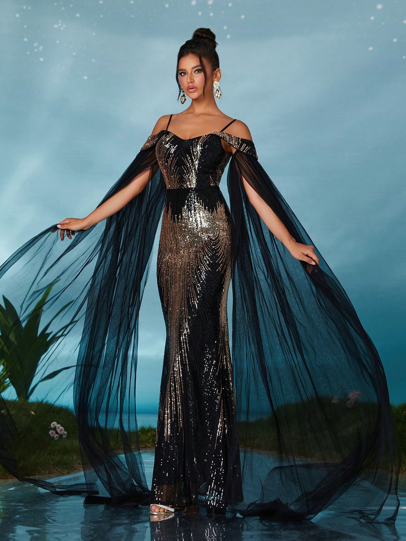 Leely Elegant Spaghetti Straps Cold Shoulder Prom Dress