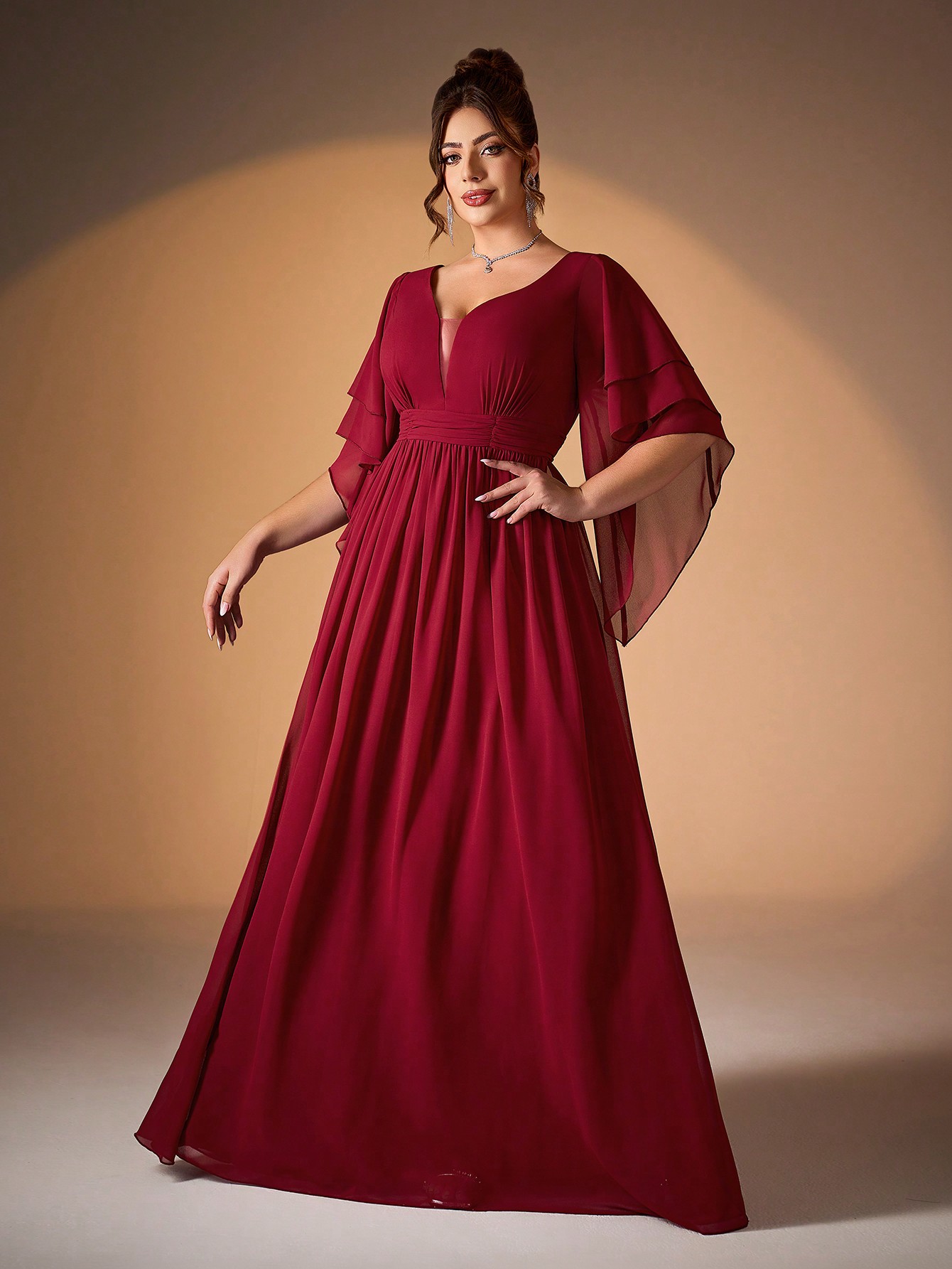 Leely Plus Women's Elegant V Neck Flare Sleeve  Chiffon A-Line Dress