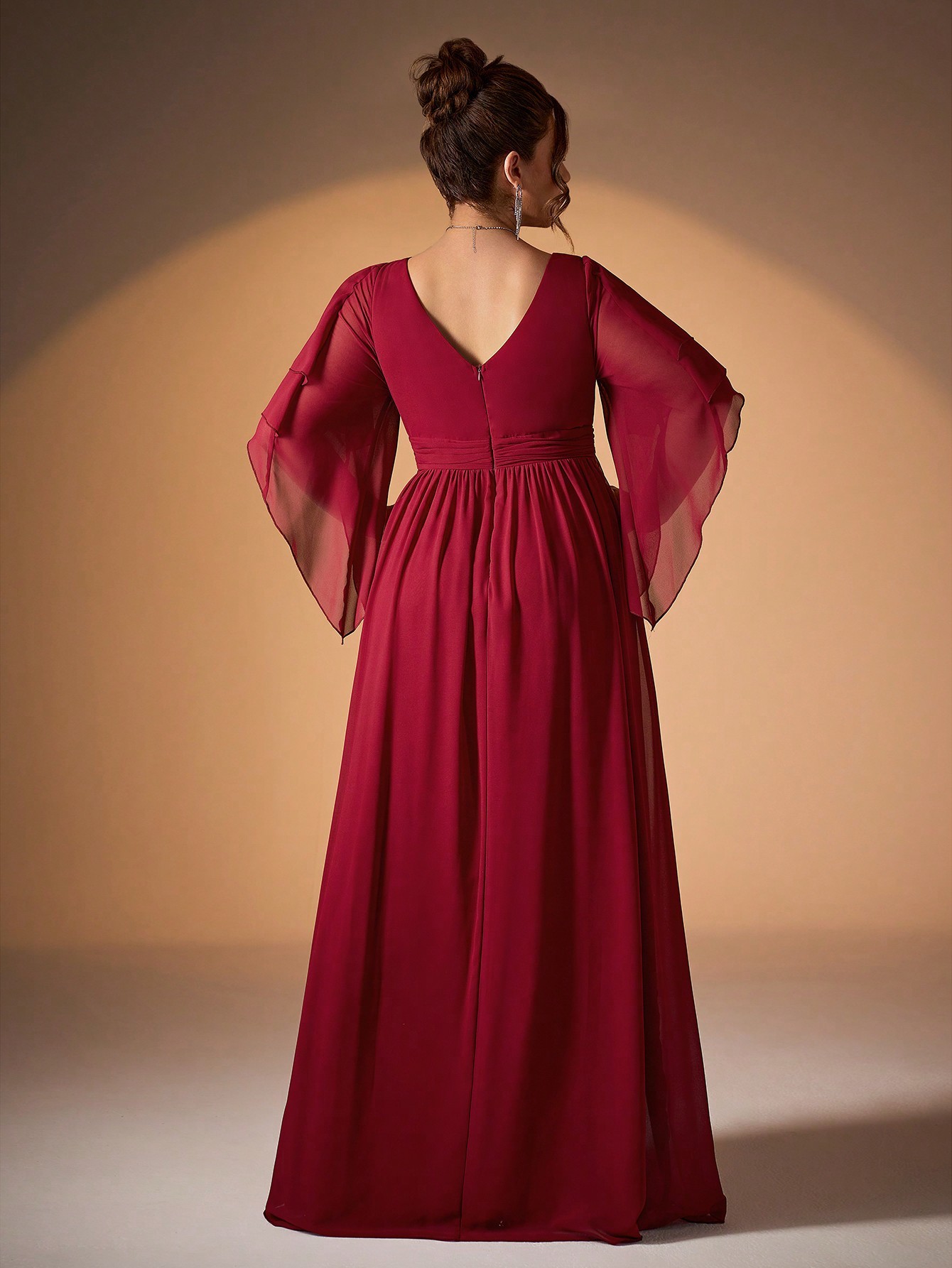 Leely Plus Women's Elegant V Neck Flare Sleeve  Chiffon A-Line Dress