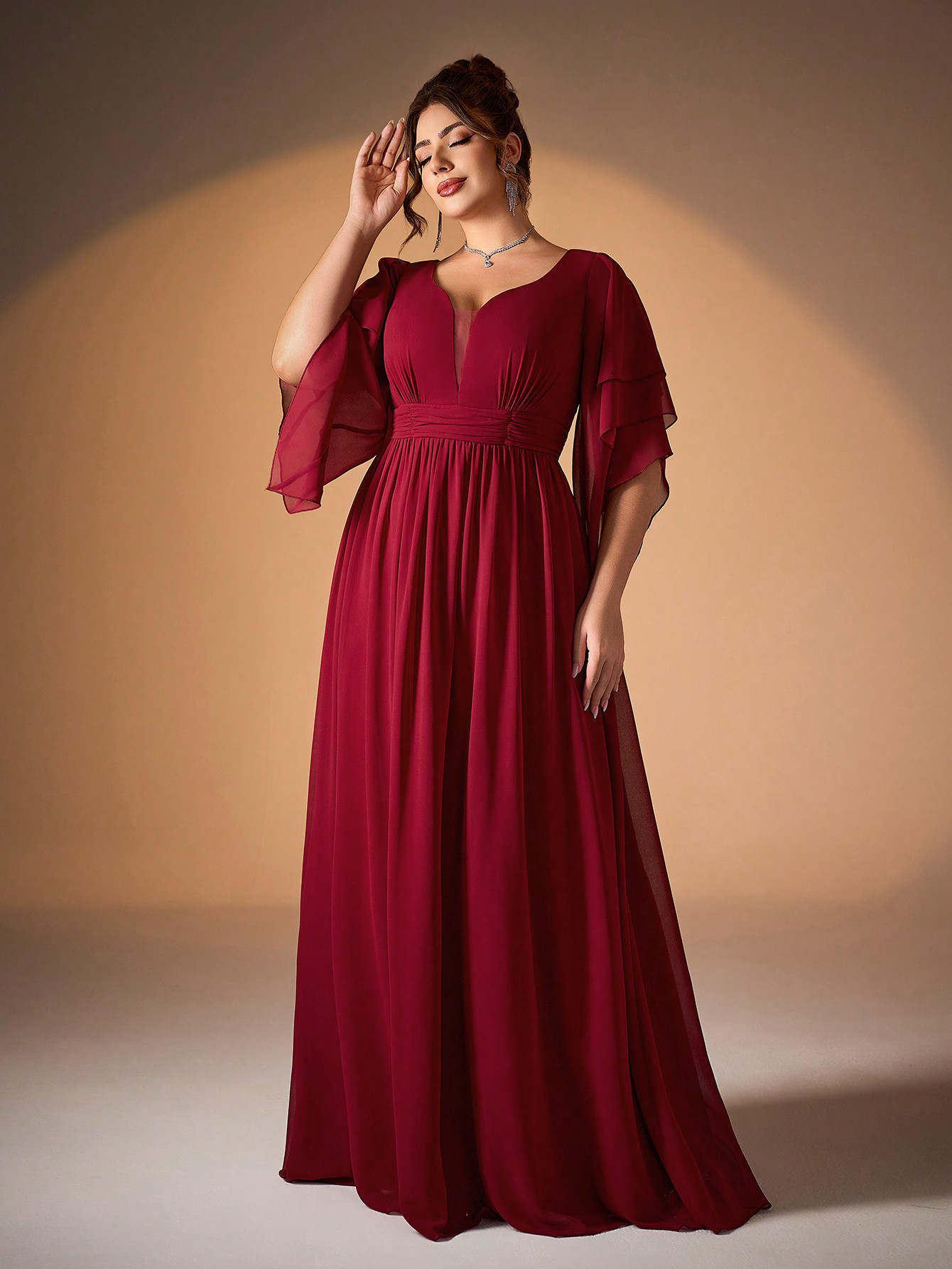 Leely Plus Women's Elegant V Neck Flare Sleeve  Chiffon A-Line Dress