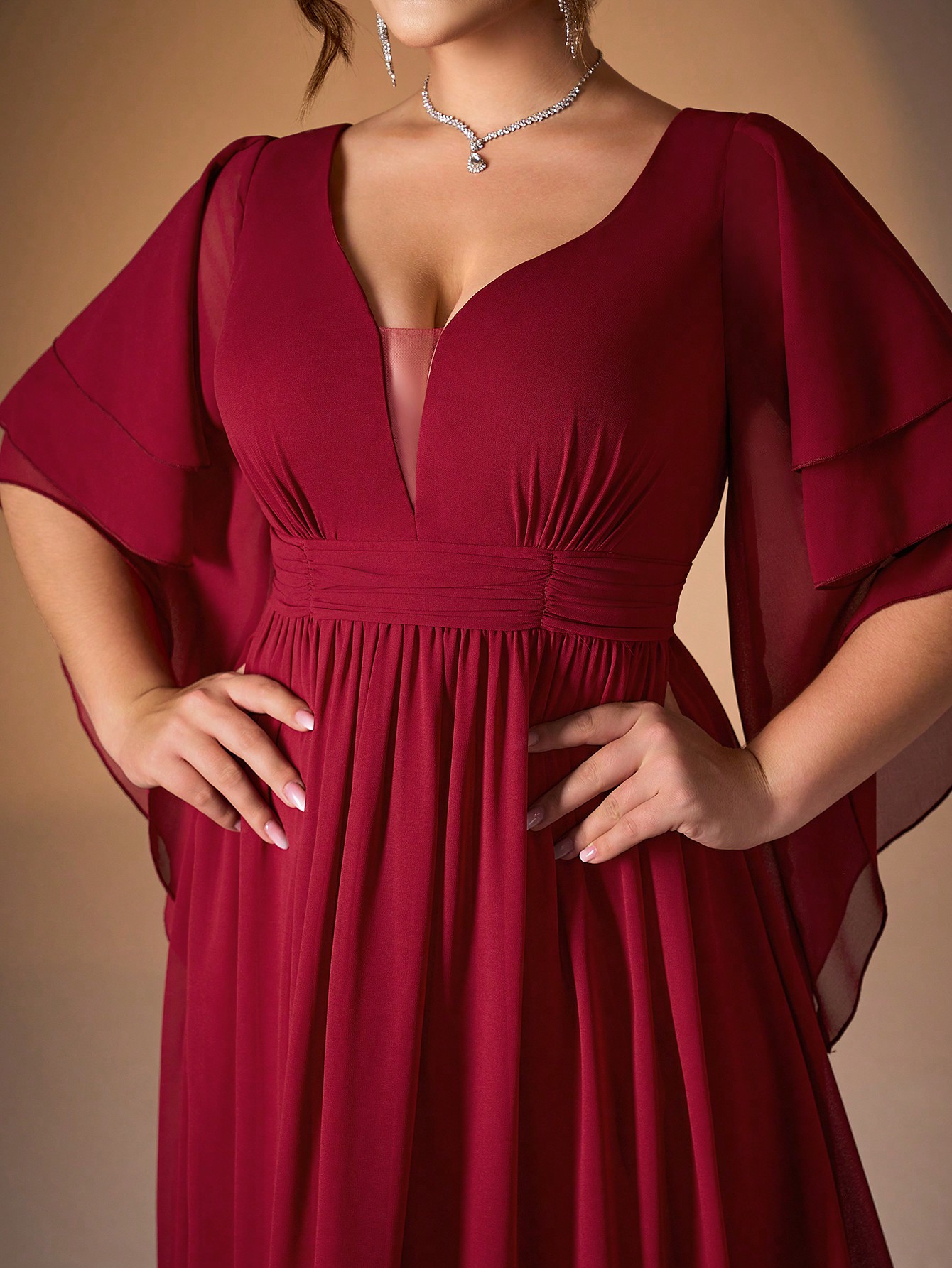 Leely Plus Women's Elegant V Neck Flare Sleeve  Chiffon A-Line Dress