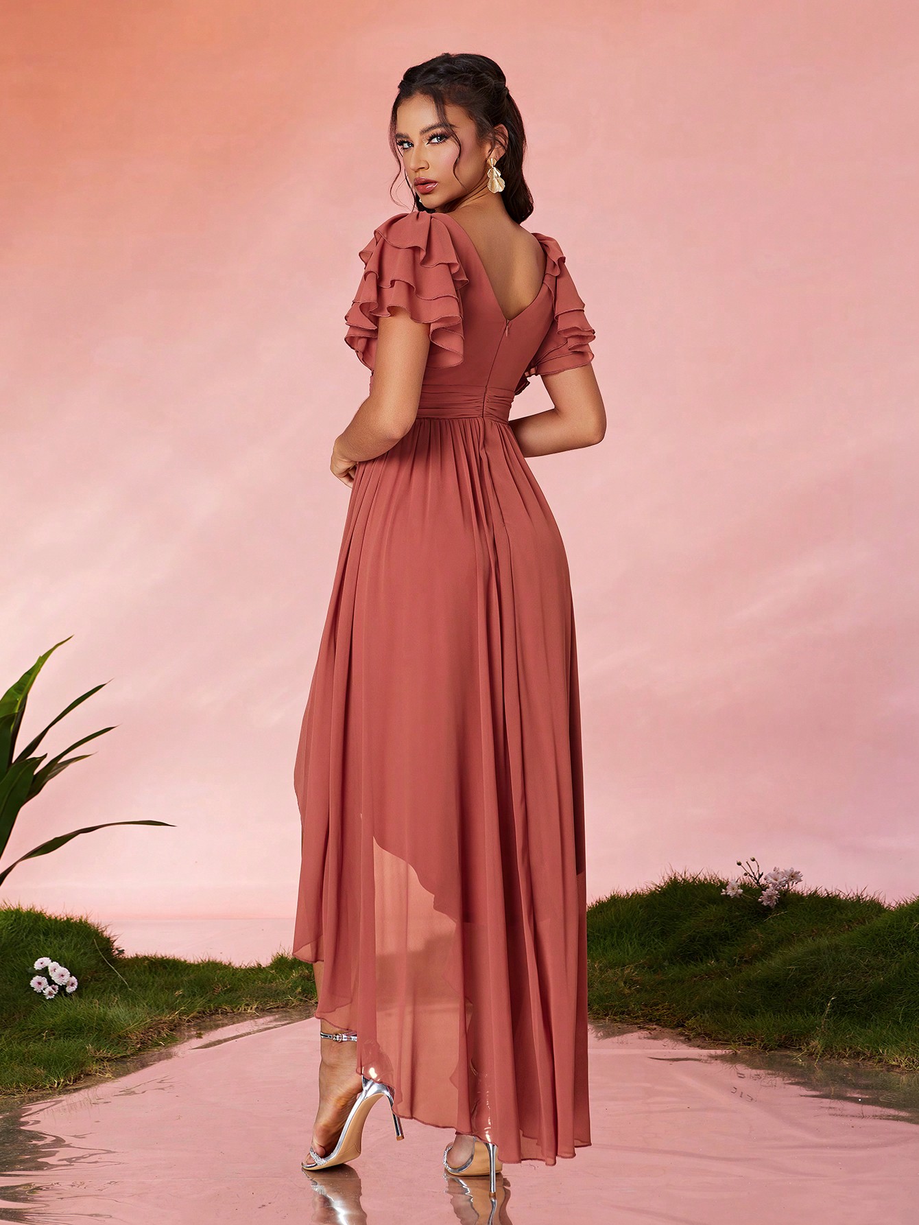 Leely Elegant Round Neck Flounce Sleeve Party Dress