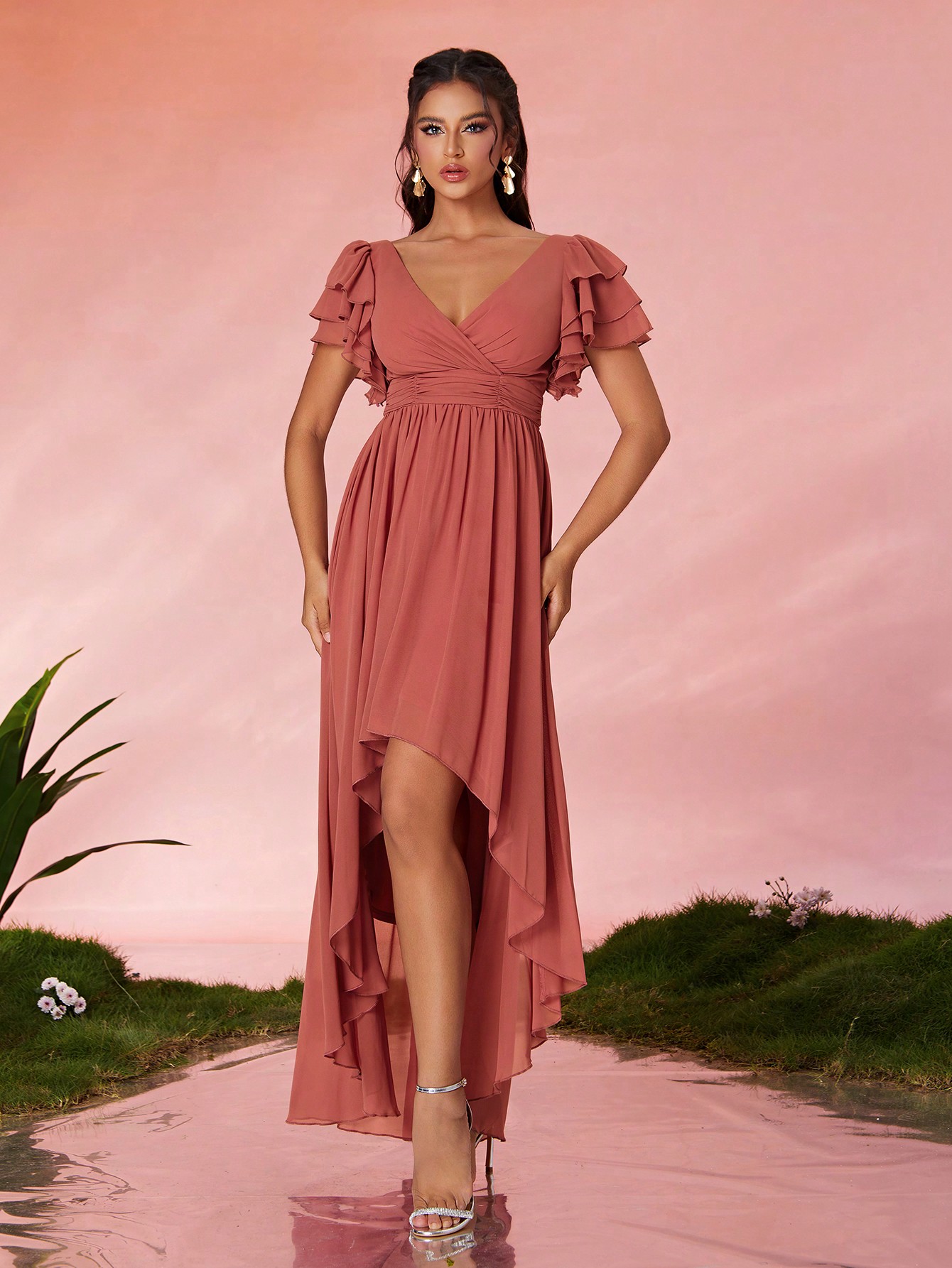 Leely Elegant Round Neck Flounce Sleeve Party Dress