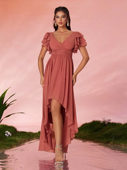 Leely Elegant Round Neck Flounce Sleeve Party Dress