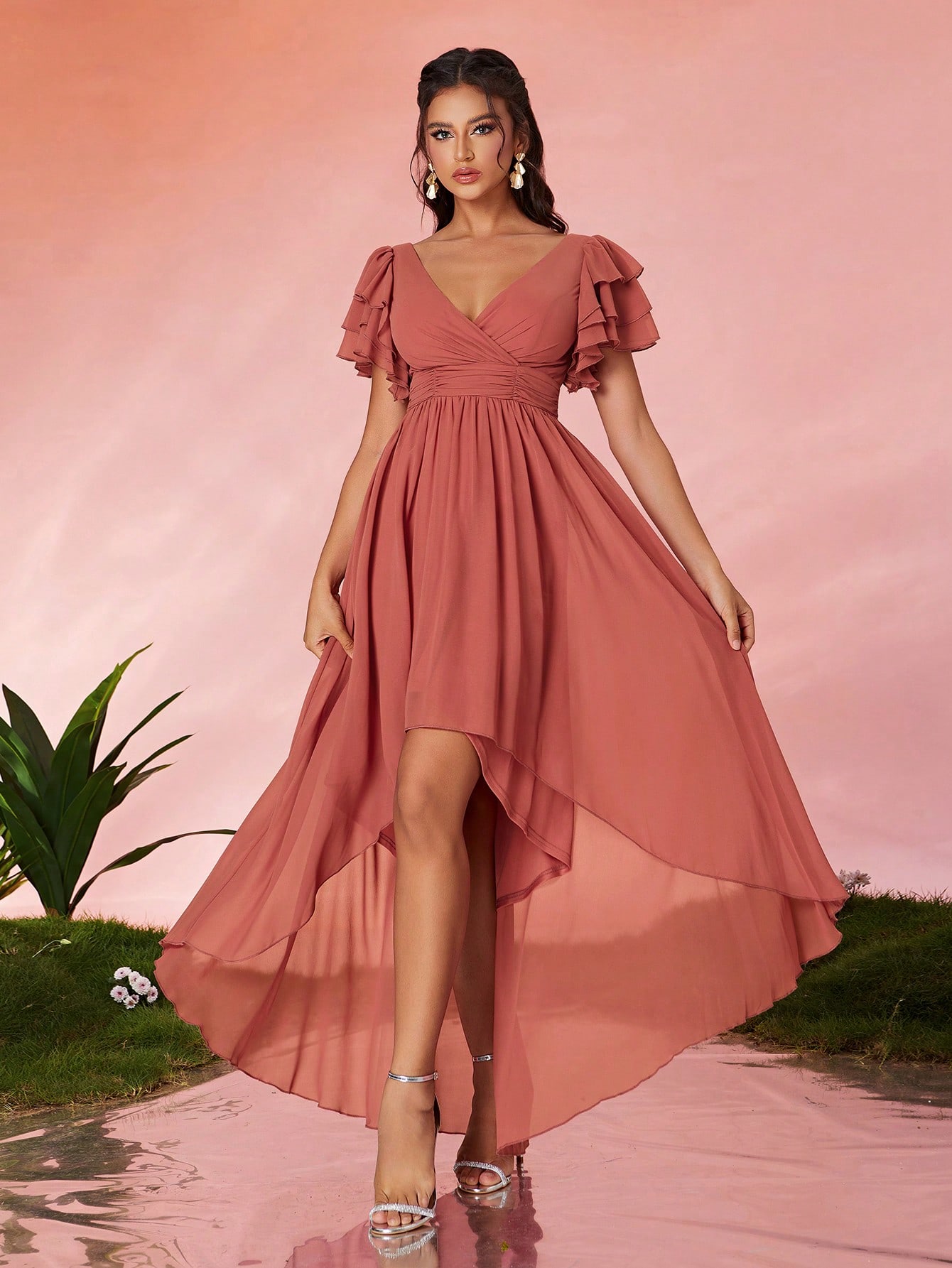 Leely Elegant Round Neck Flounce Sleeve Party Dress