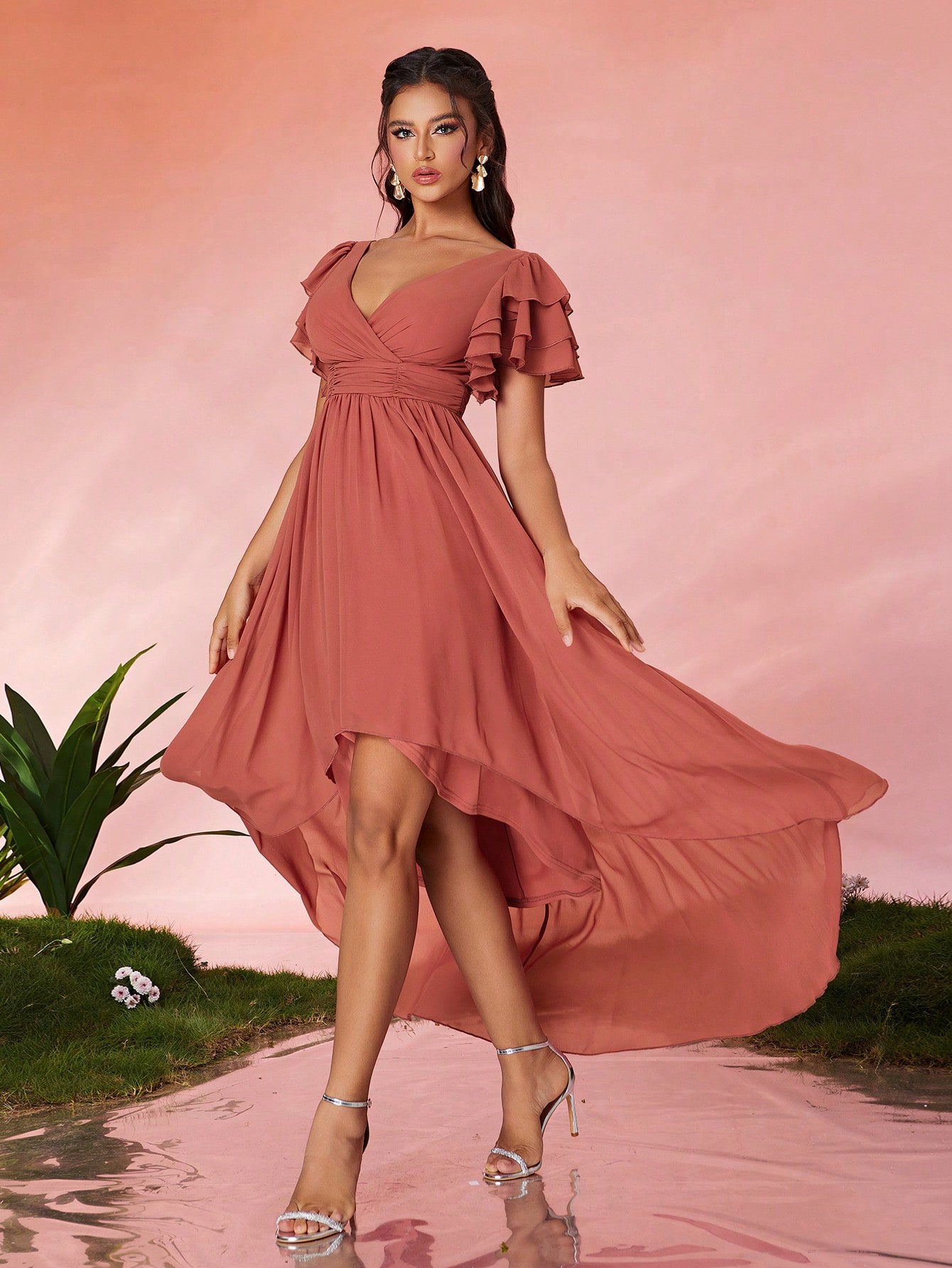 Leely Elegant Round Neck Flounce Sleeve Party Dress