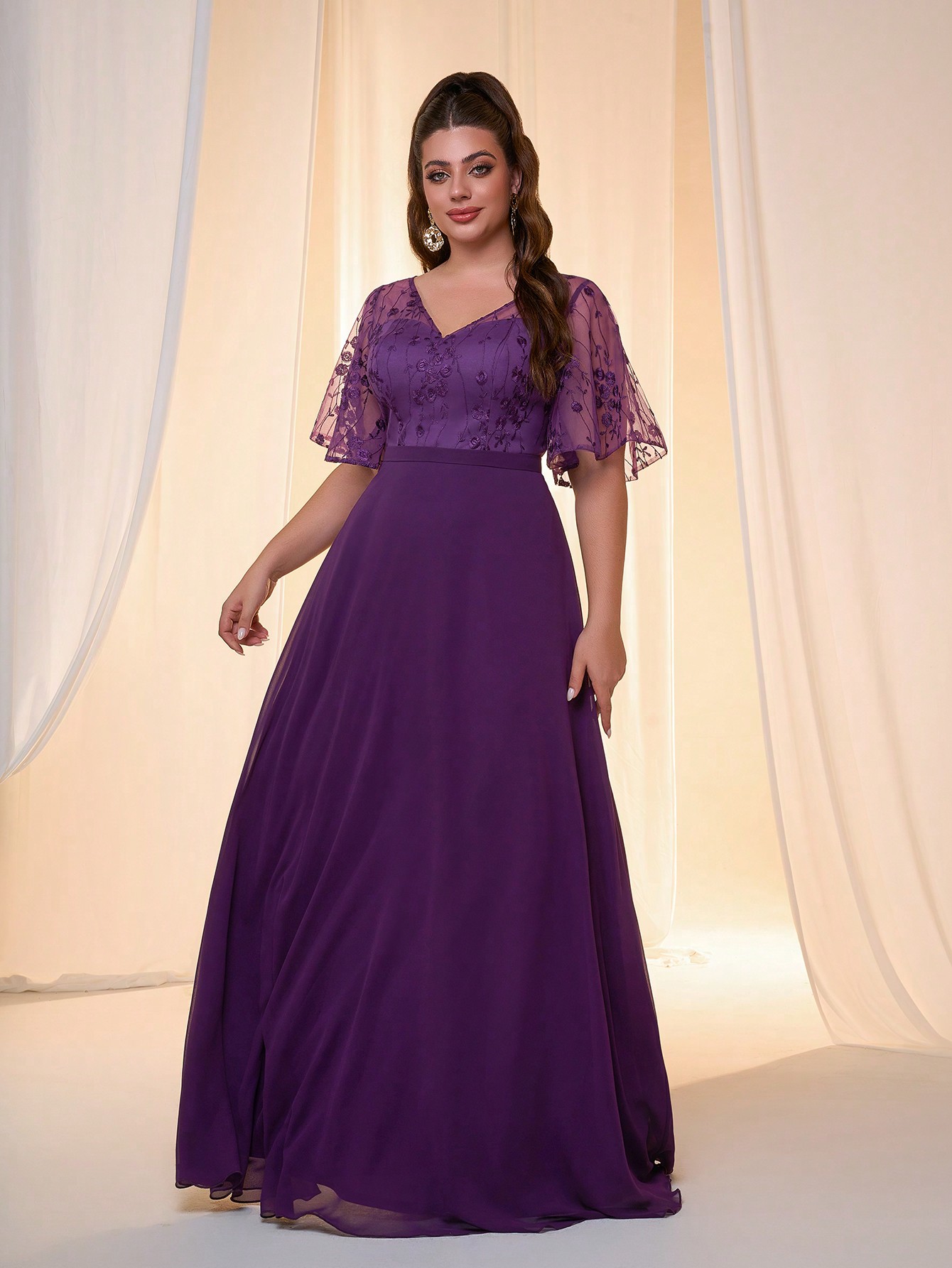 Leely Plus Women's Elegant V Neck Flounce Sleeve Party Dress