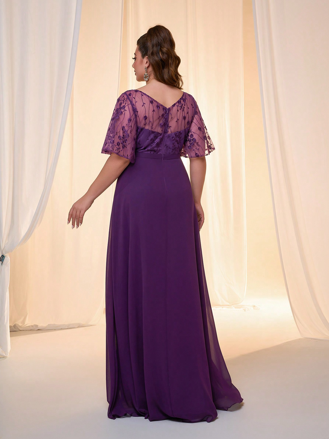 Leely Plus Women's Elegant V Neck Flounce Sleeve Party Dress