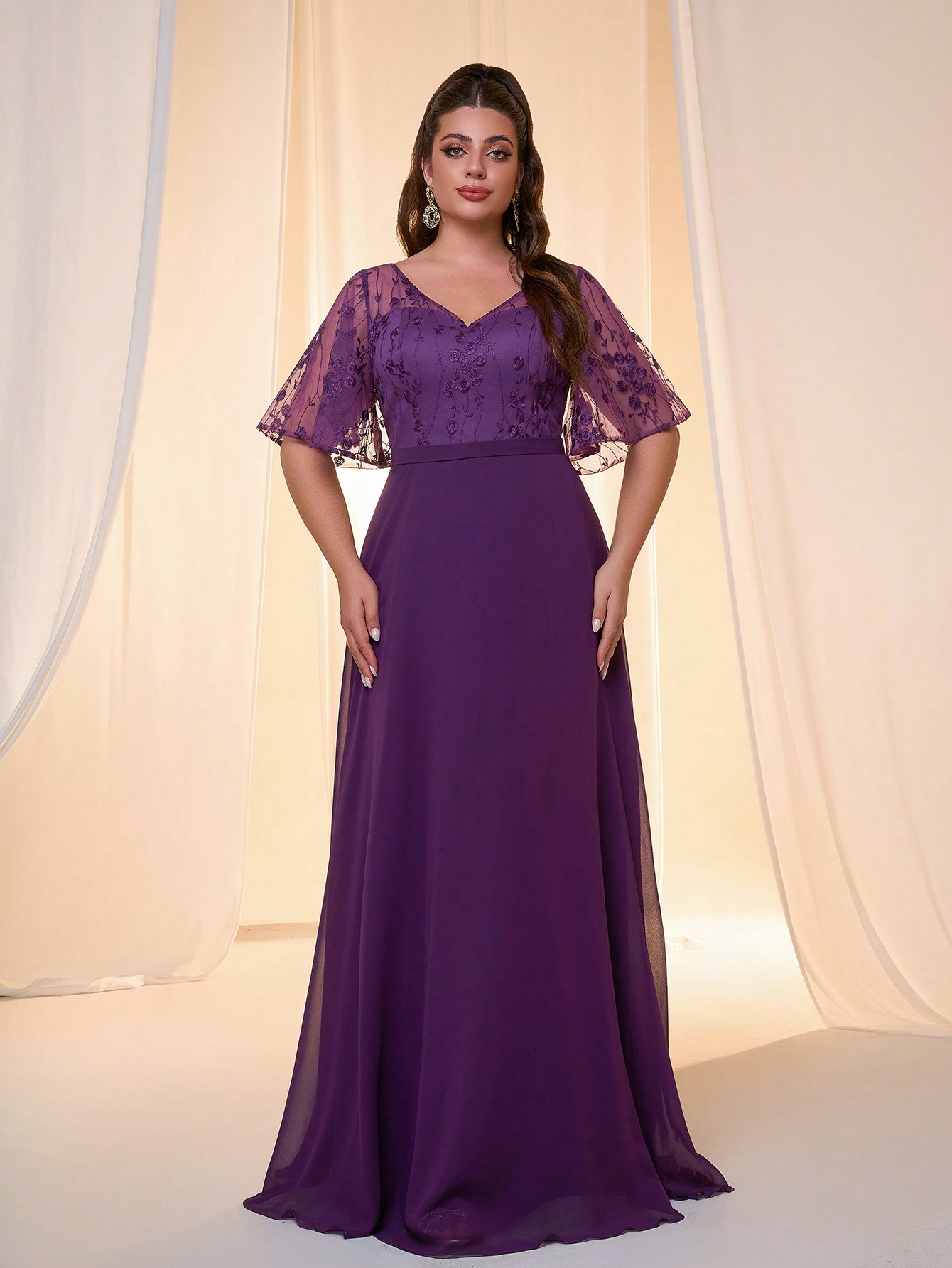 Leely Plus Women's Elegant V Neck Flounce Sleeve Party Dress
