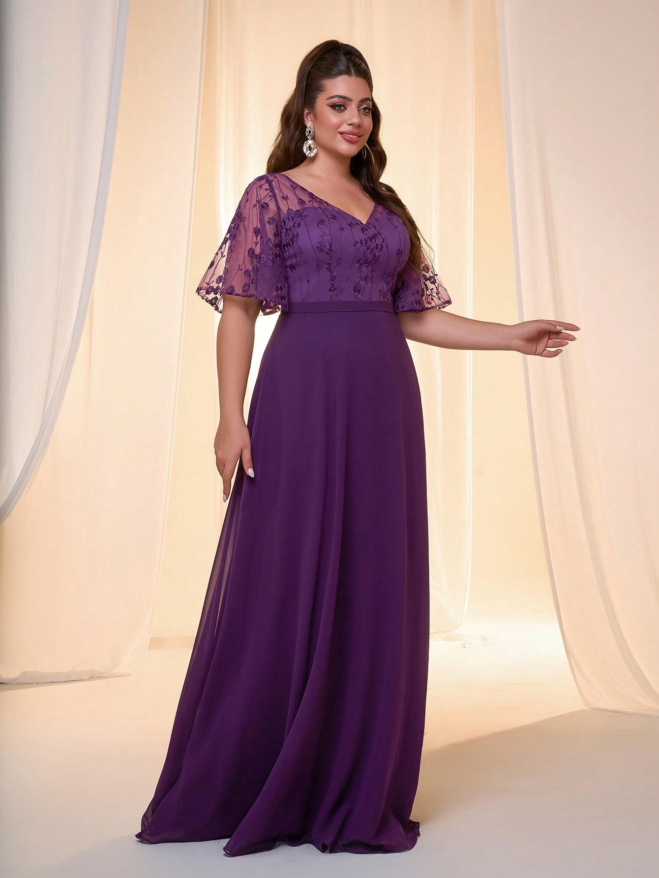 Leely Plus Women's Elegant V Neck Flounce Sleeve Party Dress