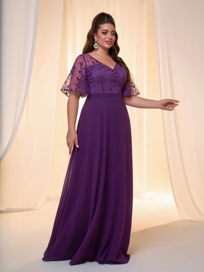 Leely Plus Women's Elegant V Neck Flounce Sleeve Party Dress