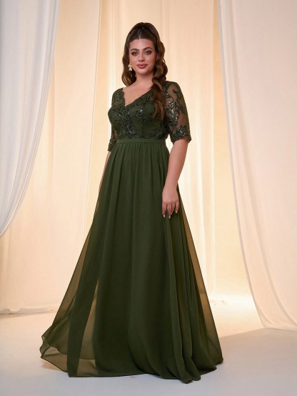 Leely Plus Women's Elegant V Neck Half Sleeve Party Dresses