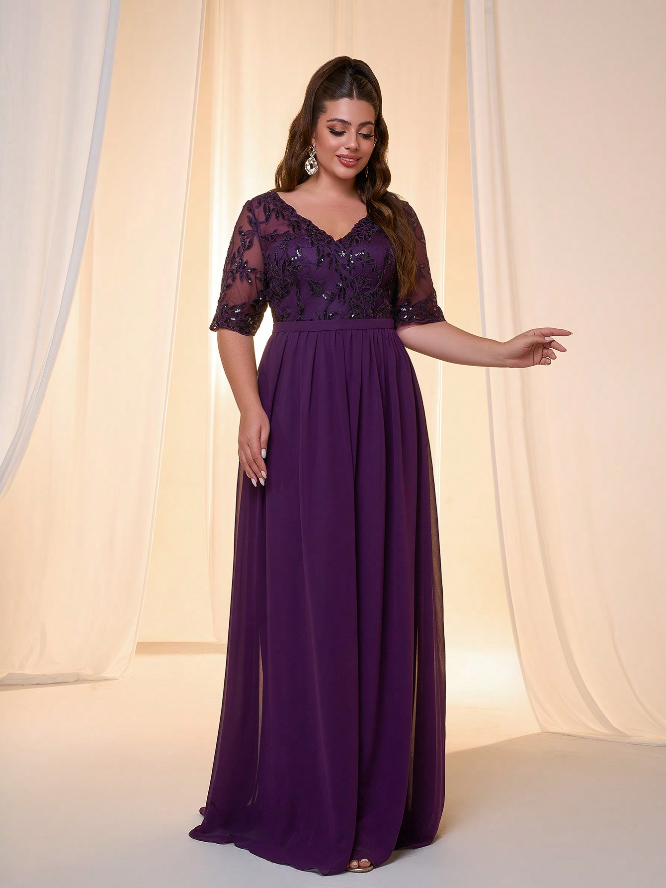 Leely Plus Women's Elegant V Neck Half Sleeve Party Dresses