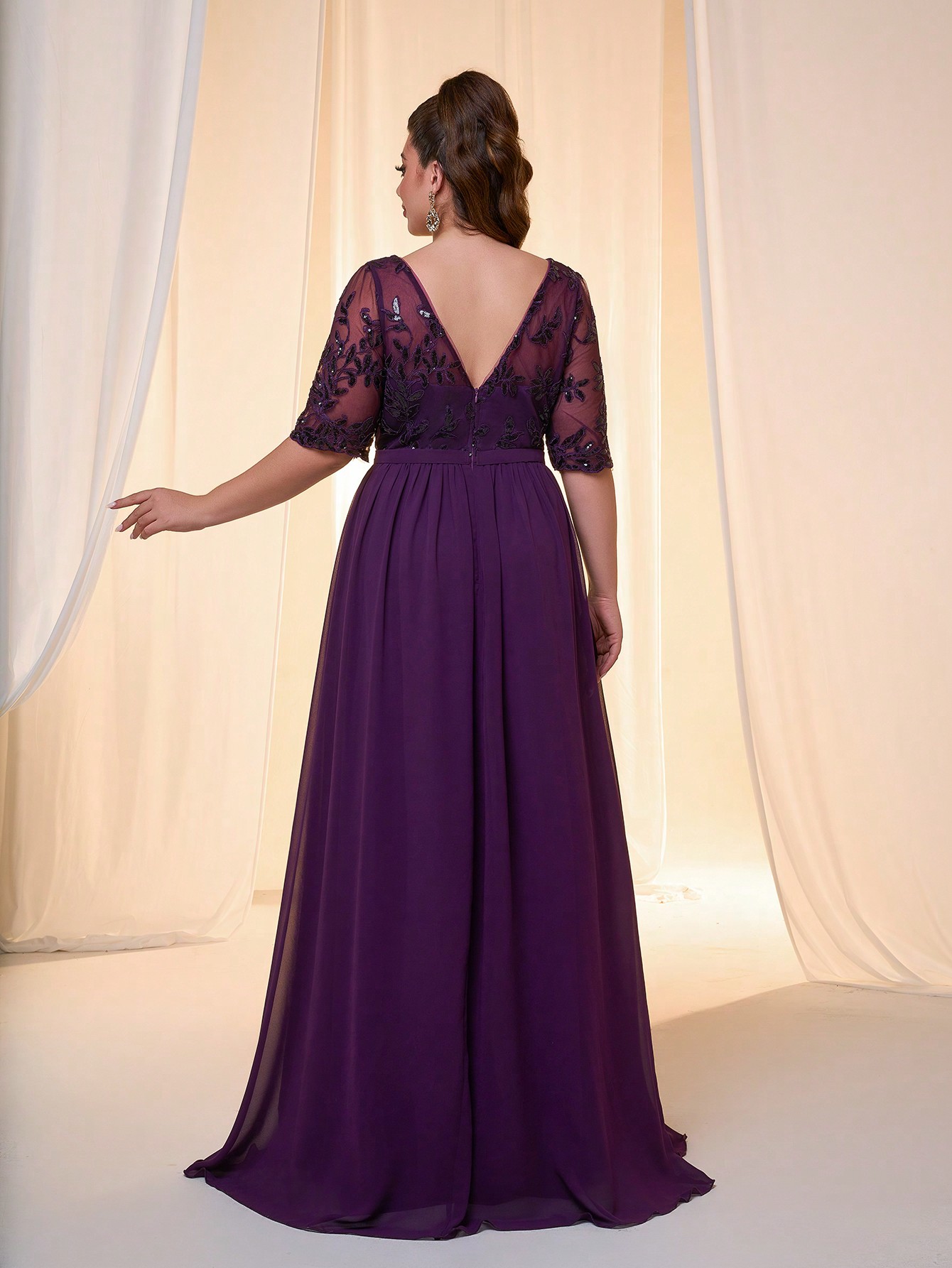 Leely Plus Women's Elegant V Neck Half Sleeve Chiffon Evening Gown