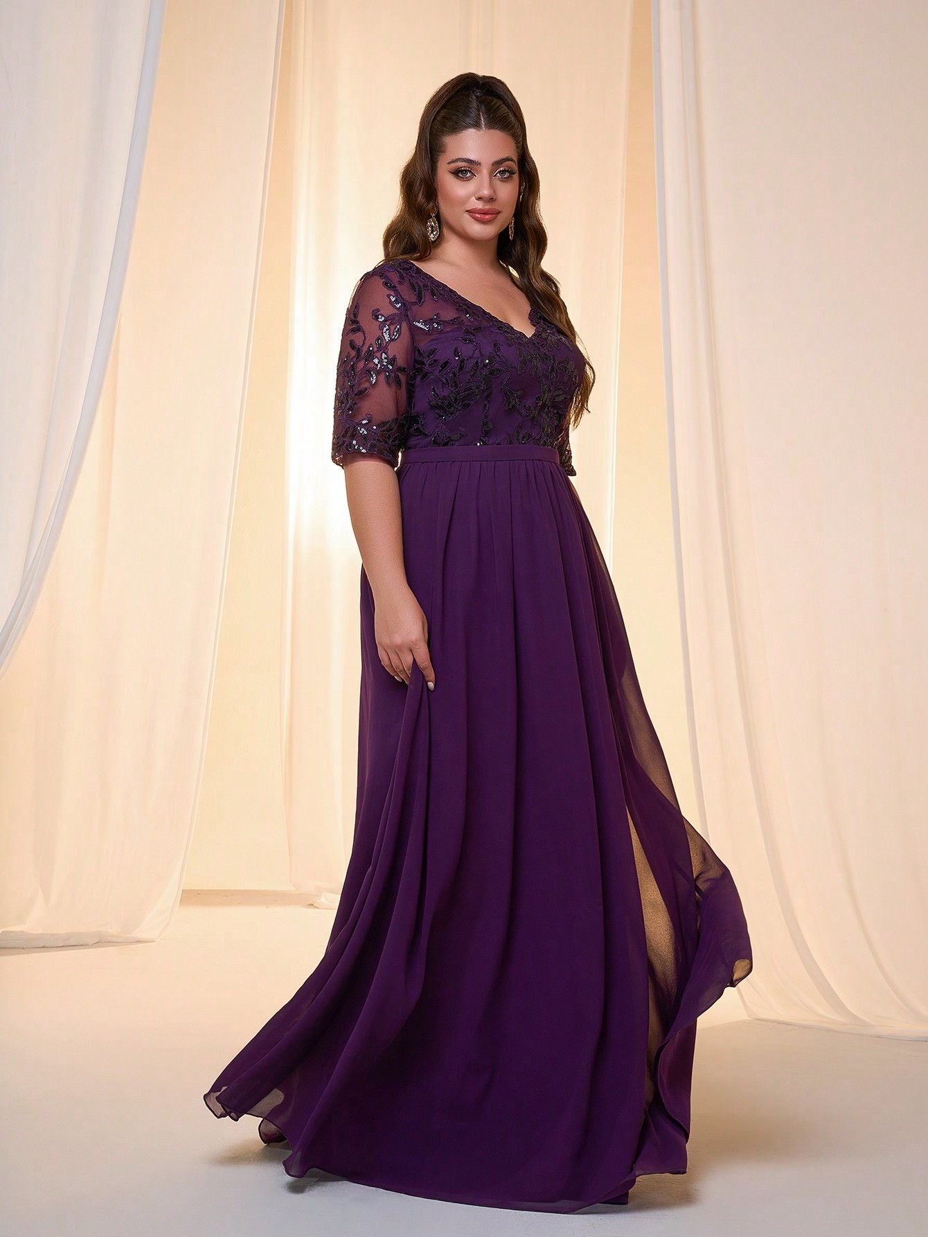 Leely Plus Women's Elegant V Neck Half Sleeve Chiffon Evening Gown