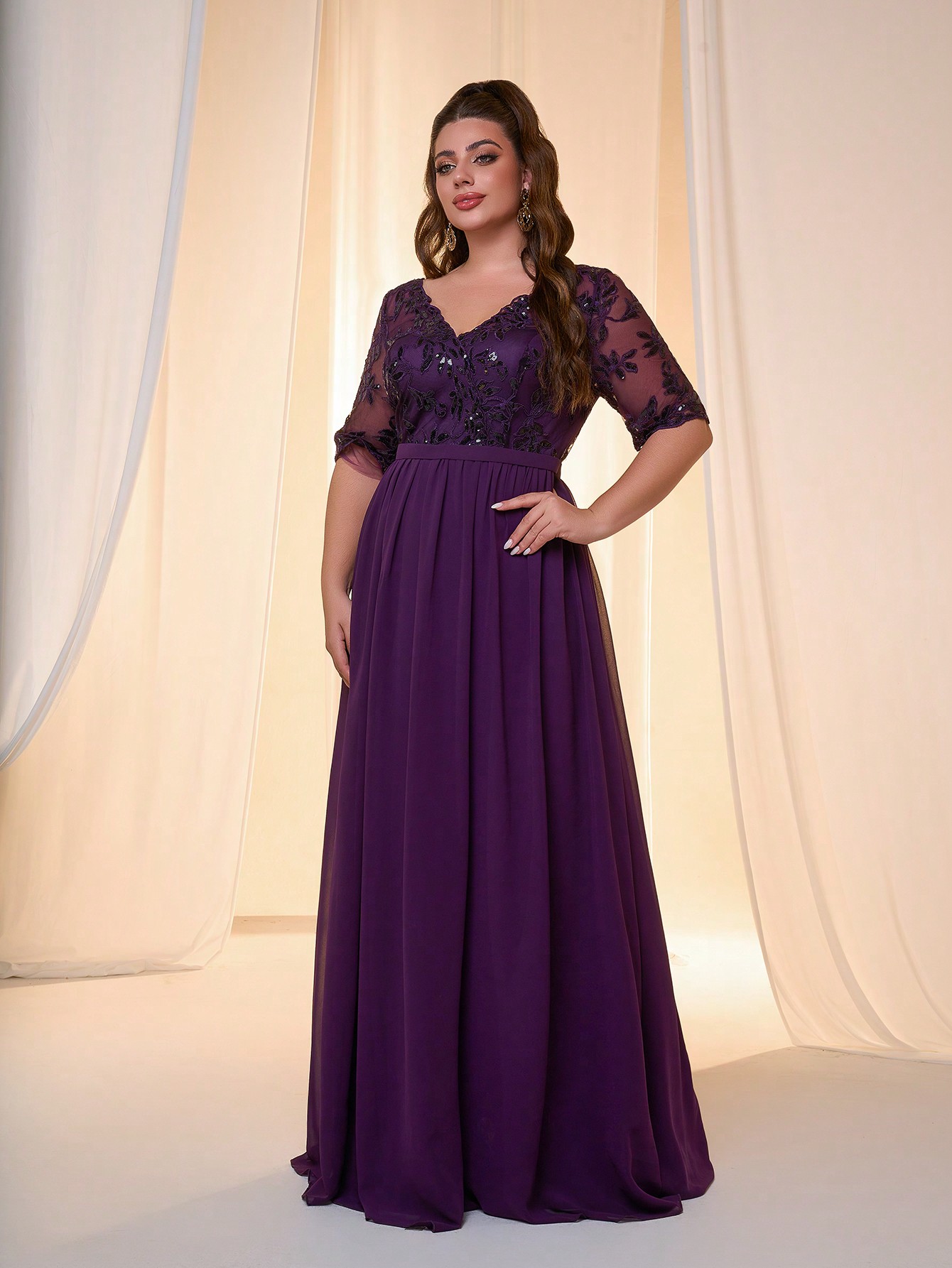Leely Plus Women's Elegant V Neck Half Sleeve Chiffon Evening Gown