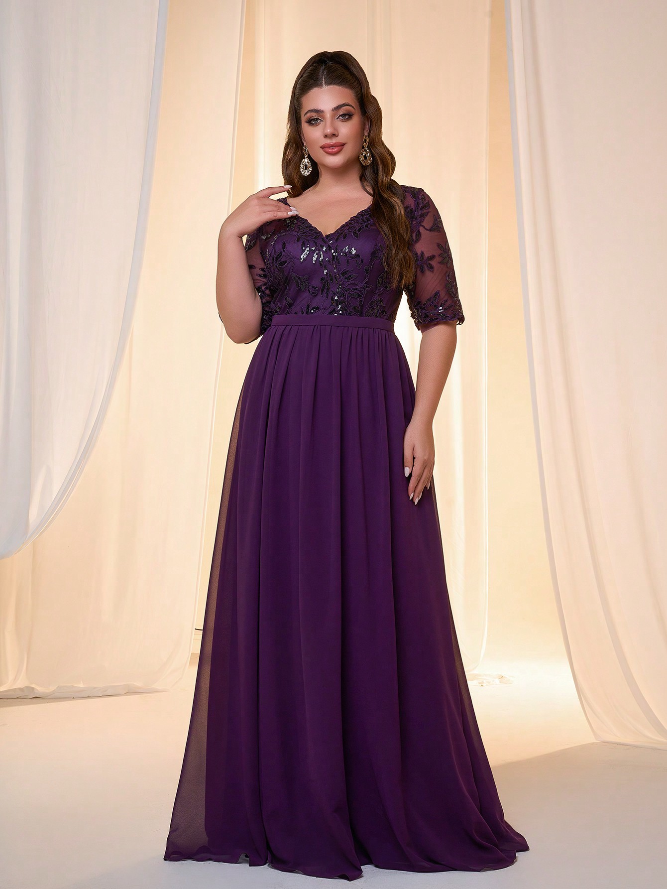 Leely Plus Women's Elegant V Neck Half Sleeve Chiffon Evening Gown