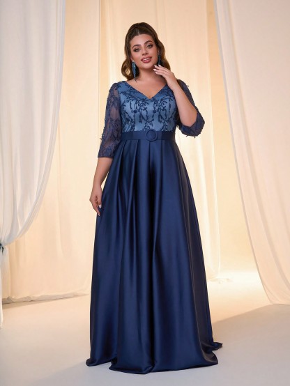 Leely Plus Women's Elegant V Neck Party Dress