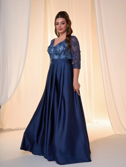 Leely Plus Women's Elegant V Neck Party Dress