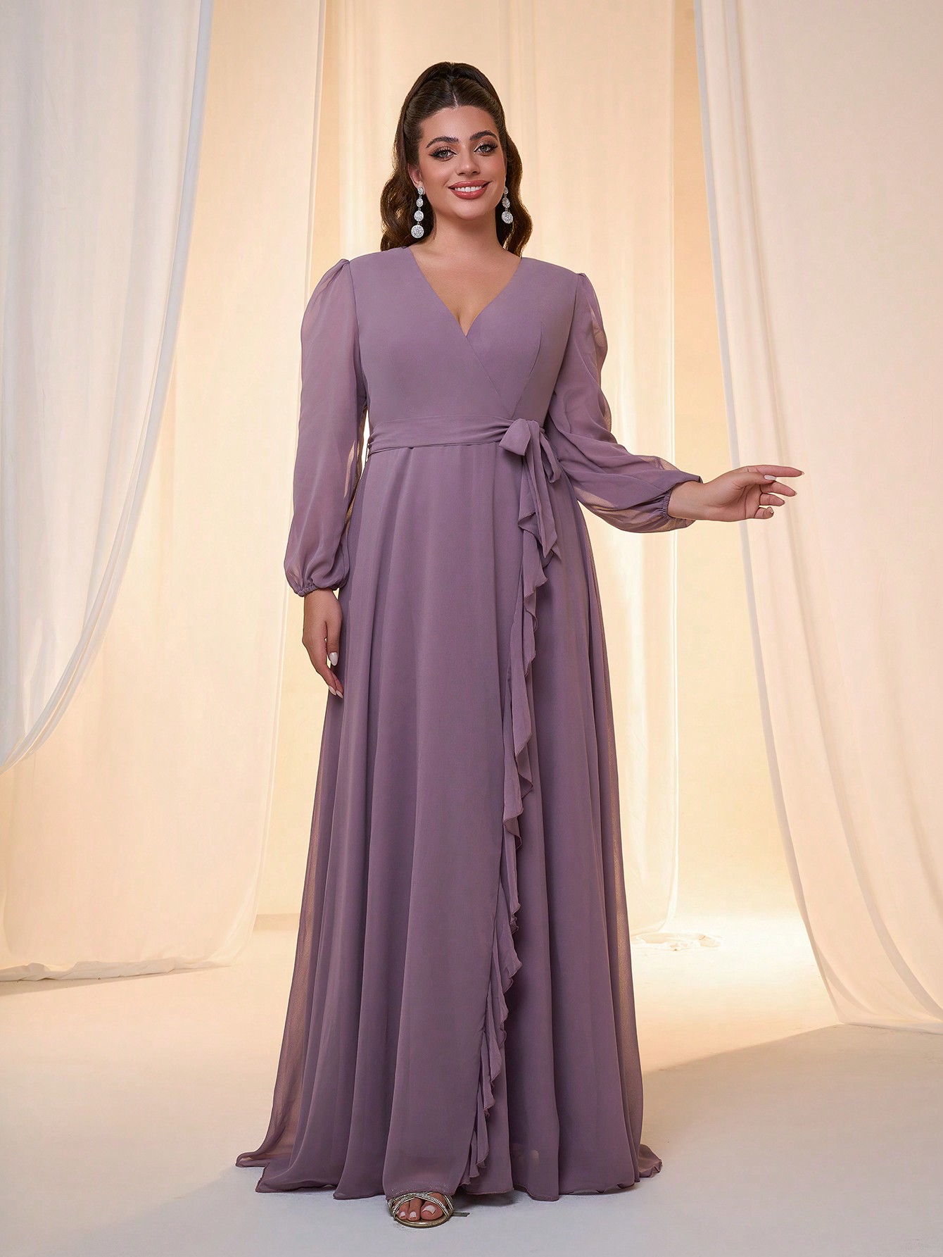 Leely Plus Women's Elegant V Neck Bishop Sleeve Party Dress