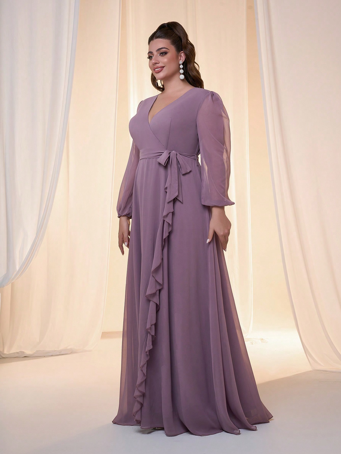 Leely Plus Women's Elegant V Neck Bishop Sleeve Party Dress