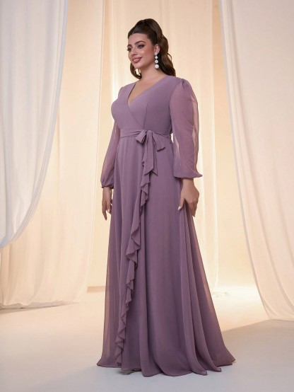 Leely Plus Women's Elegant V Neck Bishop Sleeve Party Dress