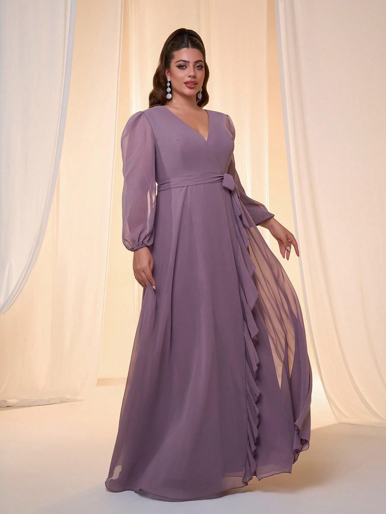 Leely Plus Women's Elegant V Neck Bishop Sleeve Party Dress