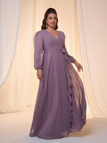 Leely Plus Women's Elegant V Neck Bishop Sleeve Party Dress