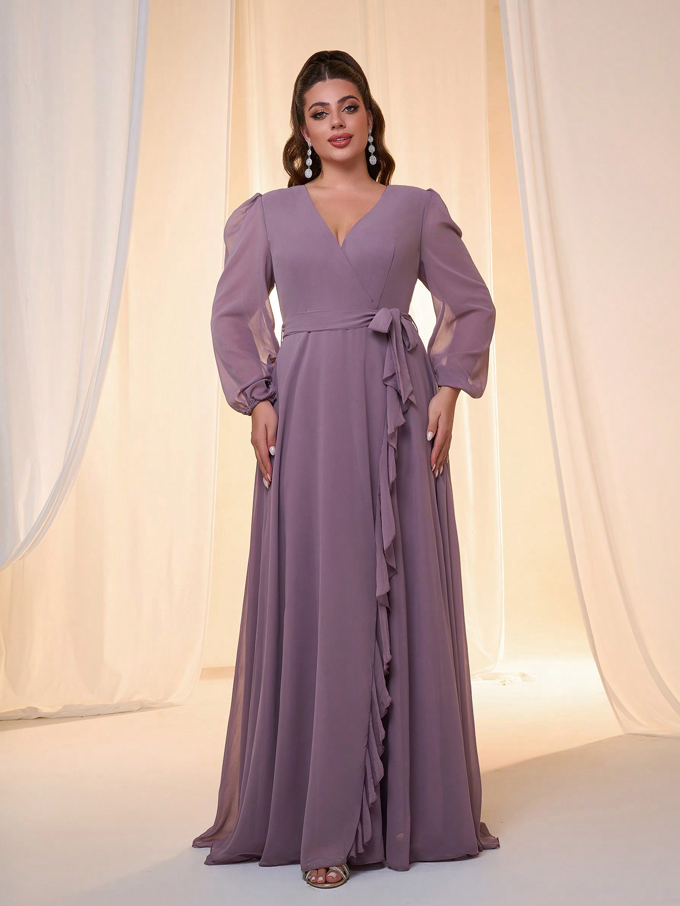 Leely Plus Women's Elegant V Neck Bishop Sleeve Party Dress