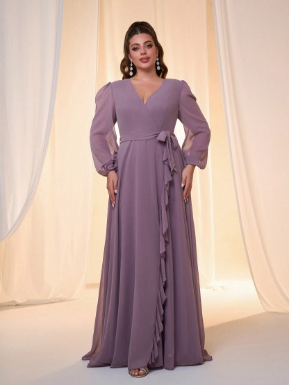 Leely Plus Women's Elegant V Neck Bishop Sleeve Party Dress