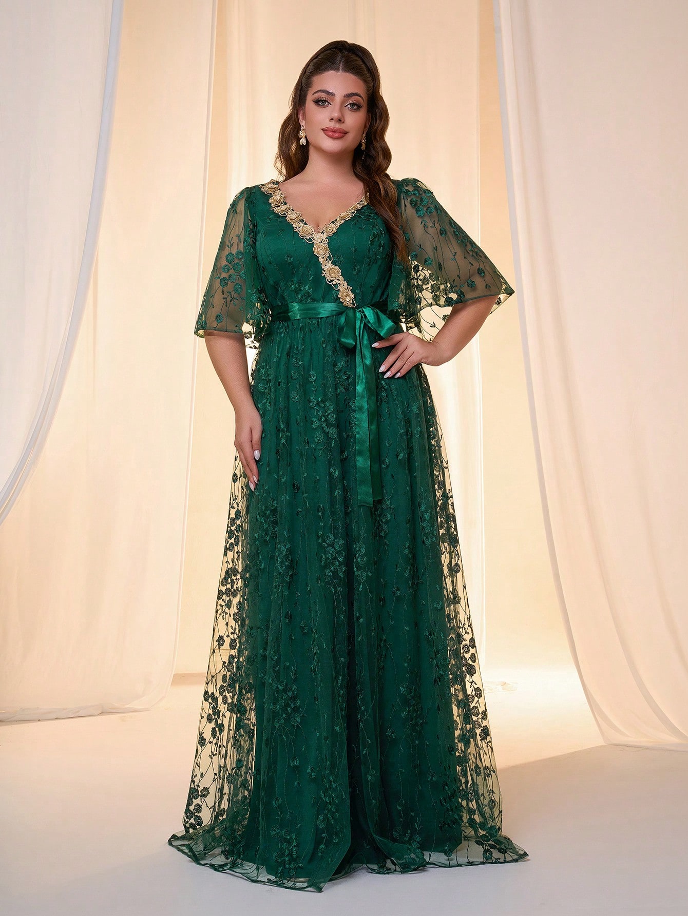 Leely Plus Women's Elegant V Neck Flounce Sleeve Chiffon Evening Gown
