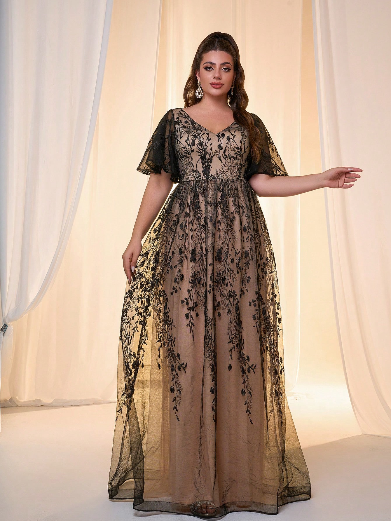 Leely Plus Women's Elegant V Neck Flounce Sleeve Evening Gown