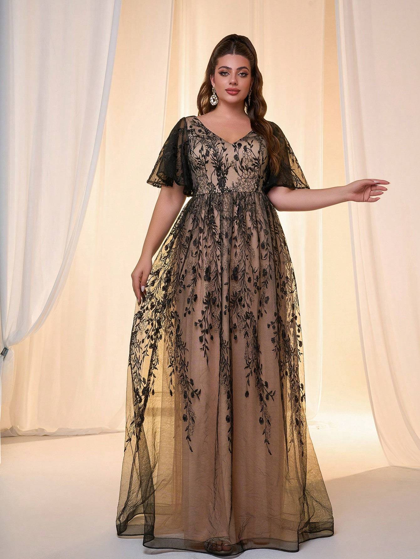 Leely Plus Women's Elegant V Neck Flounce Sleeve Evening Gown