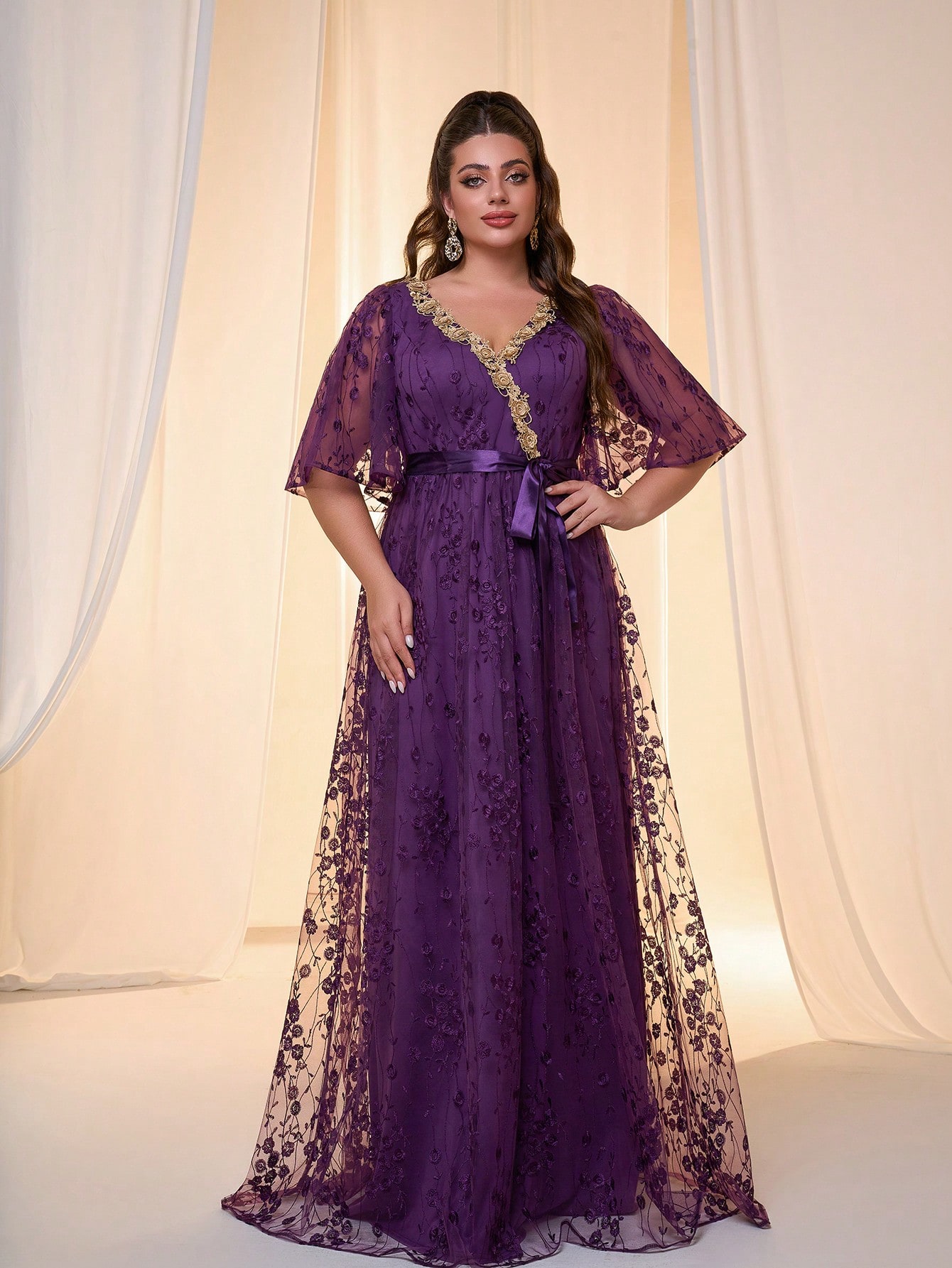 Leely Plus Women's Elegant V Neck Flounce Sleeve Chiffon Evening Gown