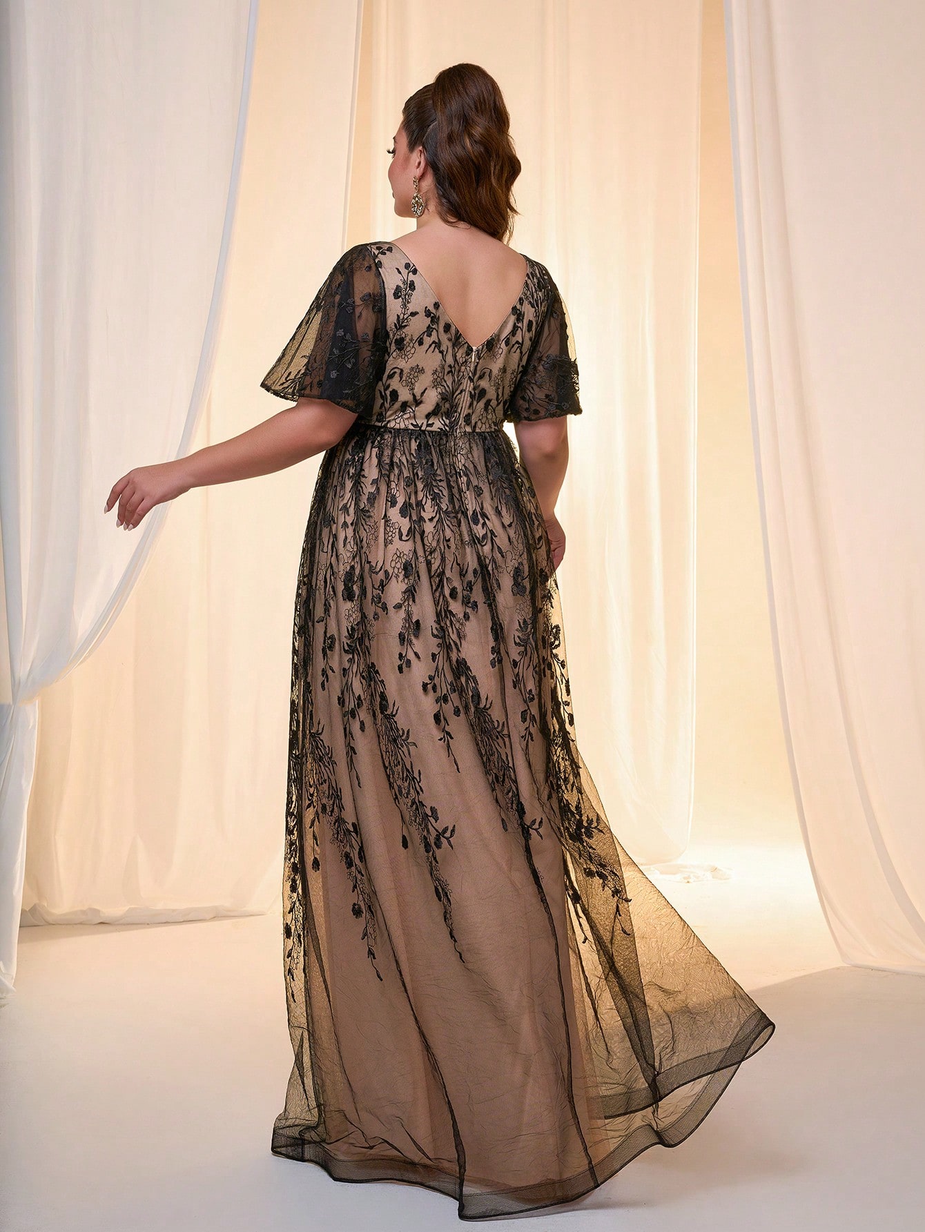 Leely Plus Women's Elegant V Neck Flounce Sleeve Evening Gown