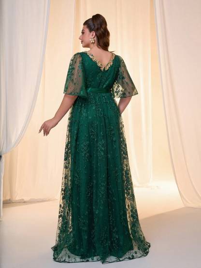 Leely Plus Women's Elegant V Neck Flounce Sleeve Chiffon Evening Gown
