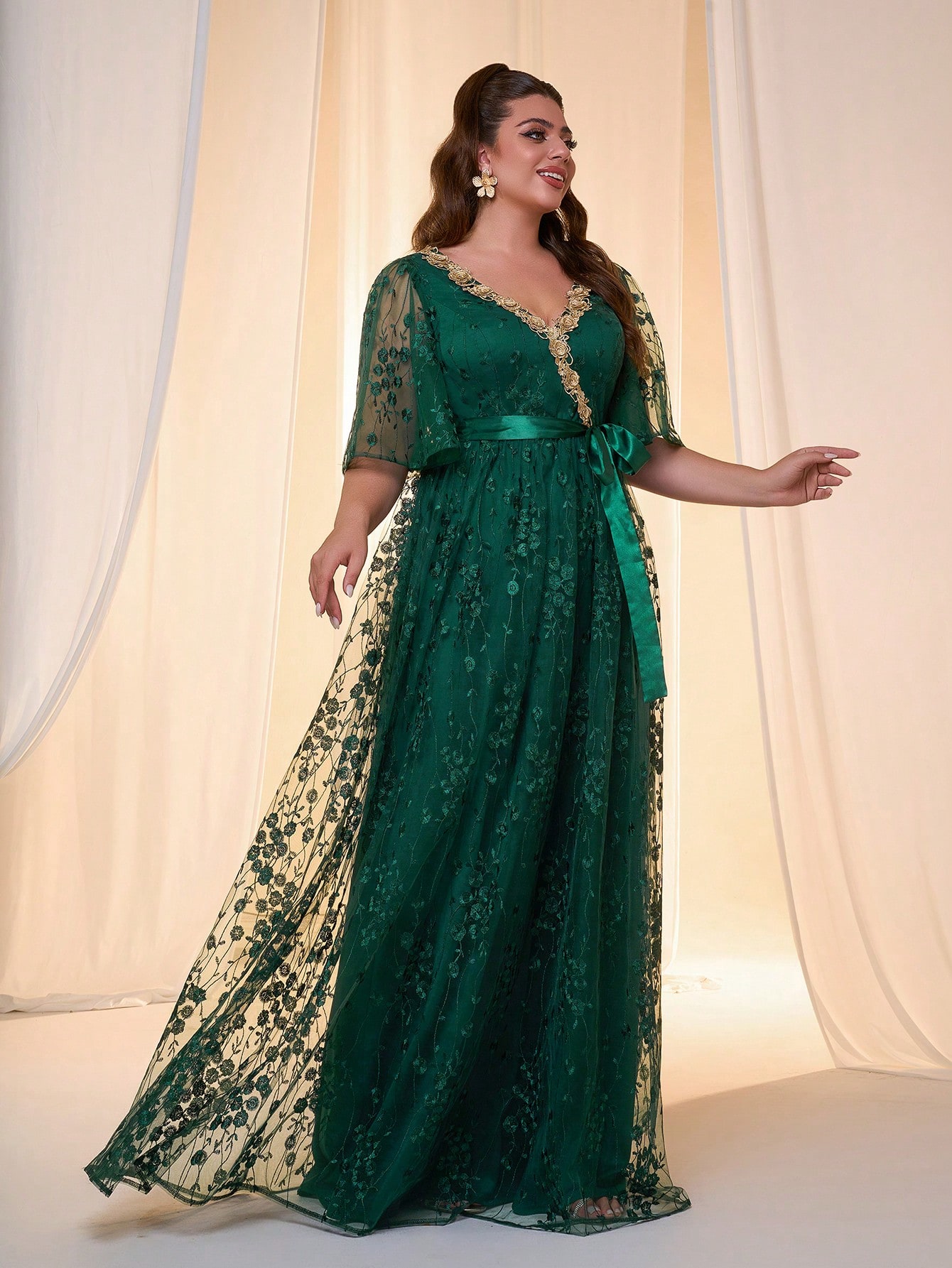 Leely Plus Women's Elegant V Neck Flounce Sleeve Chiffon Evening Gown